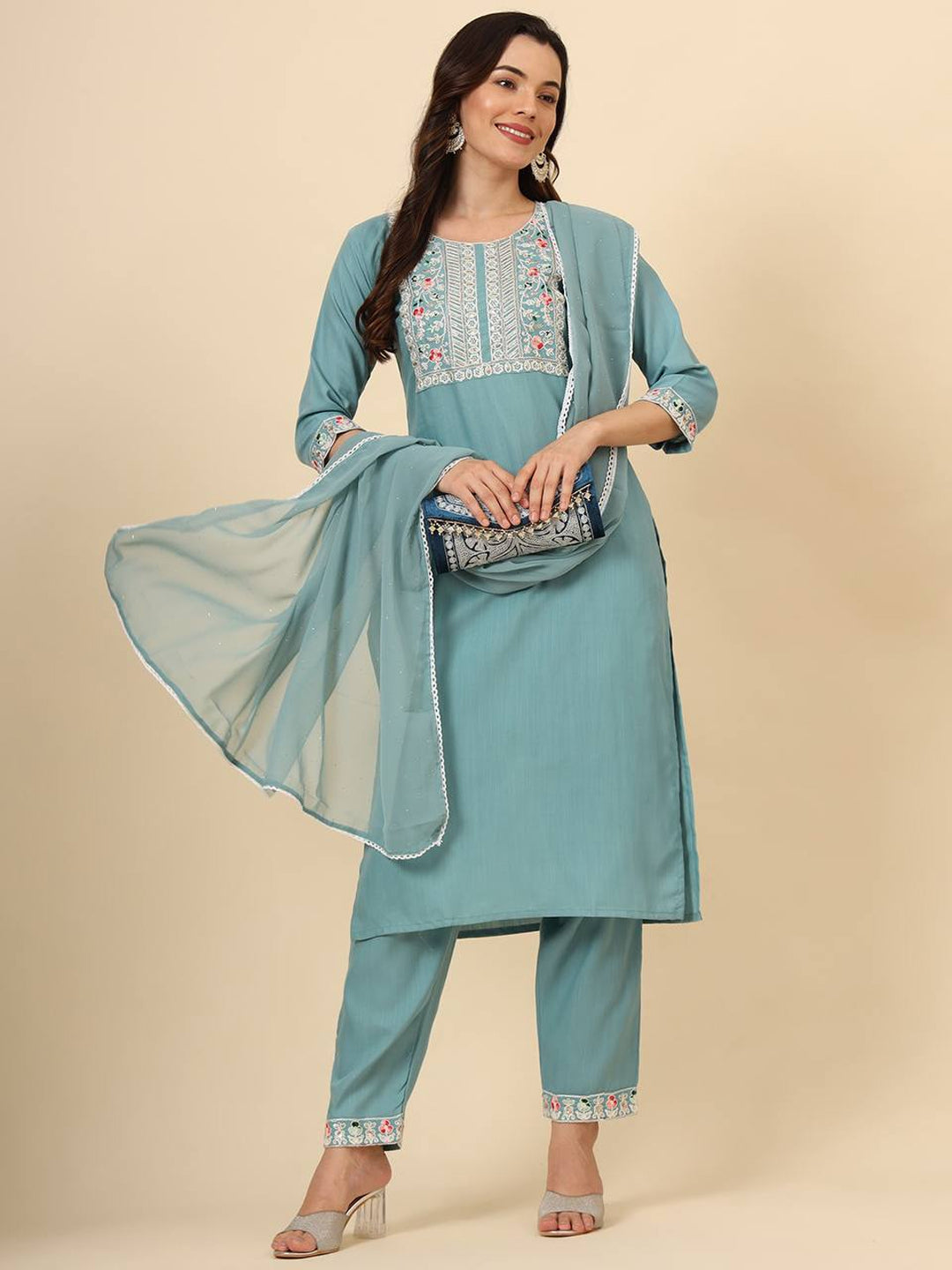 Trendy Aqua Blue Designer Pant Suit with Elegant Embroidery - Perfect for Weddings, Parties & Formal Events