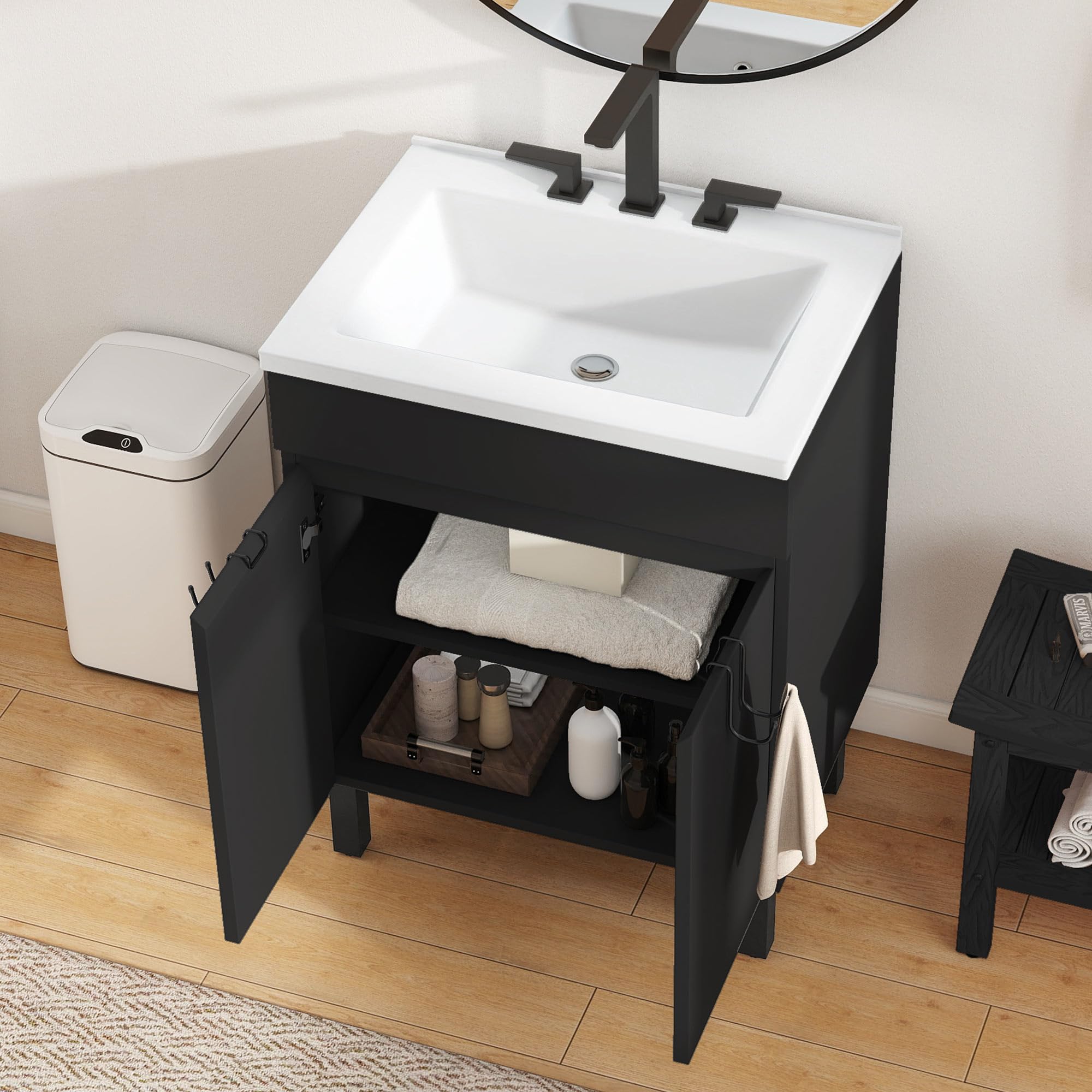 DWVO 24 Inch Black Bathroom Vanity with Undermount SMC Sink - Modern Small Bathroom Sink Cabinet with Adjustable Legs, 2 Soft Closing Doors & Drain - Perfect for Compact Bathrooms, Powder Rooms & Apartment Baths