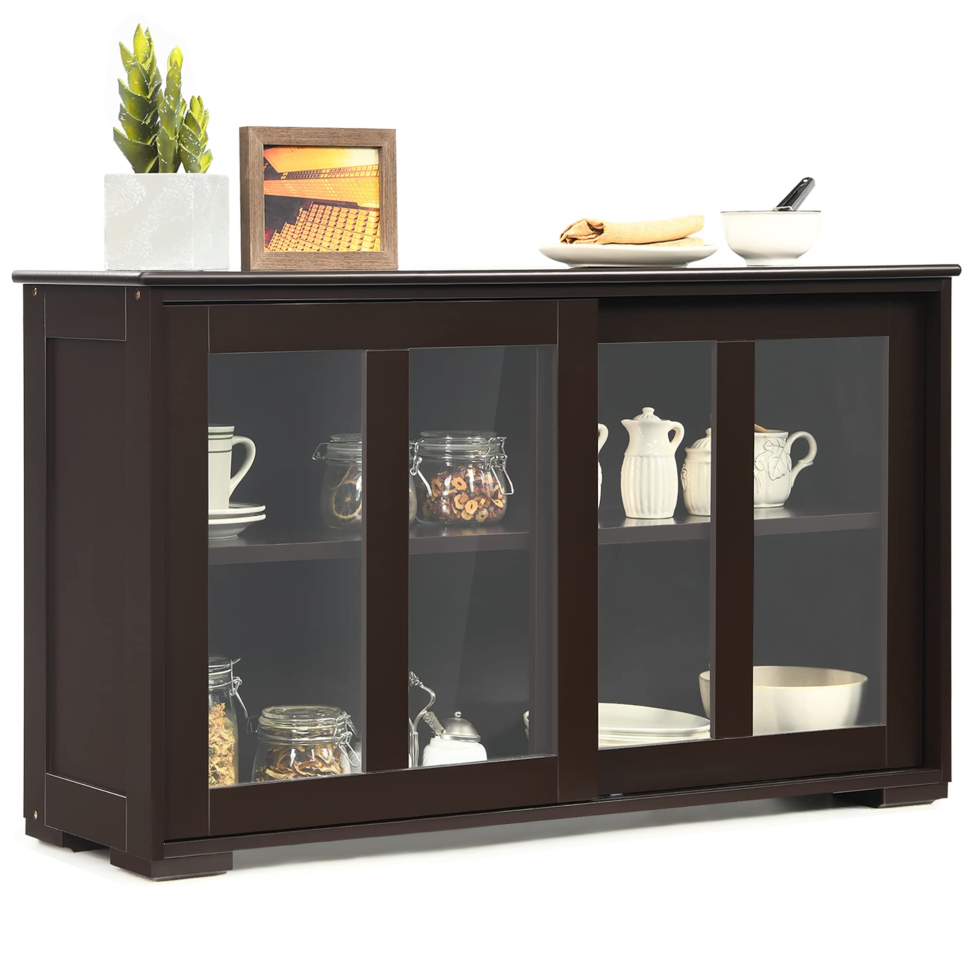 DORTALA Modern Sideboard Buffet Cabinet with 2 Sliding Glass Doors - Adjustable Shelf, Stackable Storage Furniture for Kitchen, Living Room & Entryway - Brown Wooden Buffet Server for Dining Room Storage & Home Organization