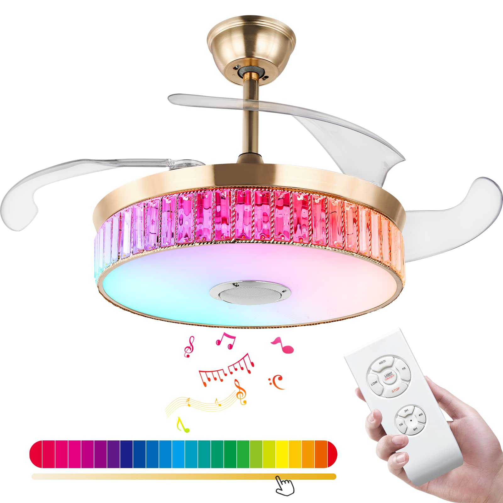 42 Inch LED Crystal Fandelier with Bluetooth Speaker - Modern Retractable Ceiling Fan with Light & Remote Control - Gold Luxury Chandelier Fan for Bedroom, Living Room, Dining Room - Perfect for Home Cooling & Ambient Lighting
