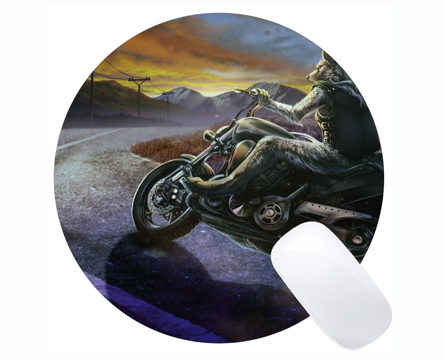 Fantasy Motorcycle Wolf Creature Art Gaming Mouse Pad - Round Non-Slip Rubber Base Computer & Laptop Mousepad (230x230x3mm) for Office, Gaming & Home Use