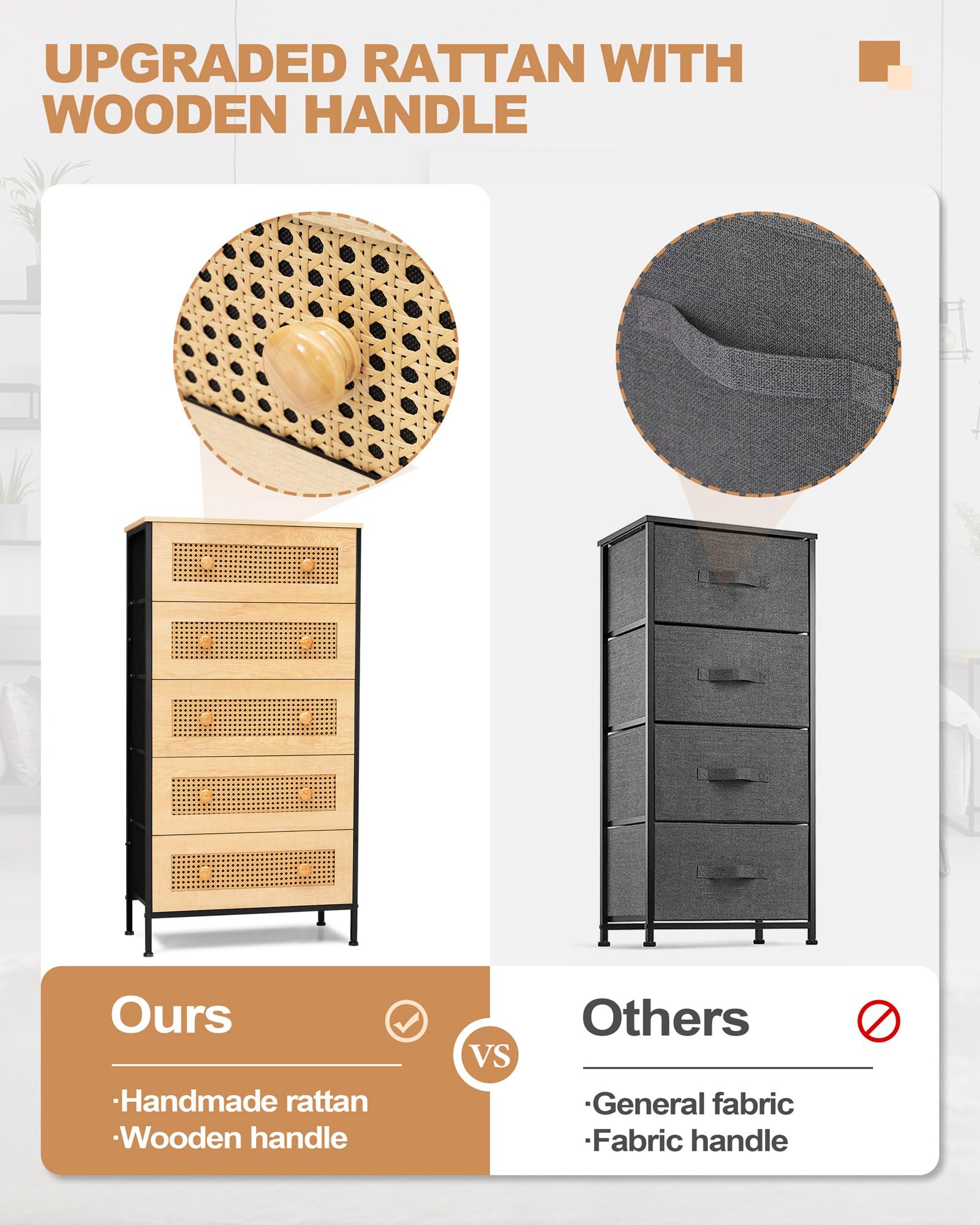 Crestlive 5-Drawer Rattan Dresser Storage Tower with Wood Top - Tall Fabric Dresser Organizer for Bedroom, Hallway, Entryway & Closet - Natural Woven Chest of Drawers | Perfect for Small Space Organization & Home Decor
