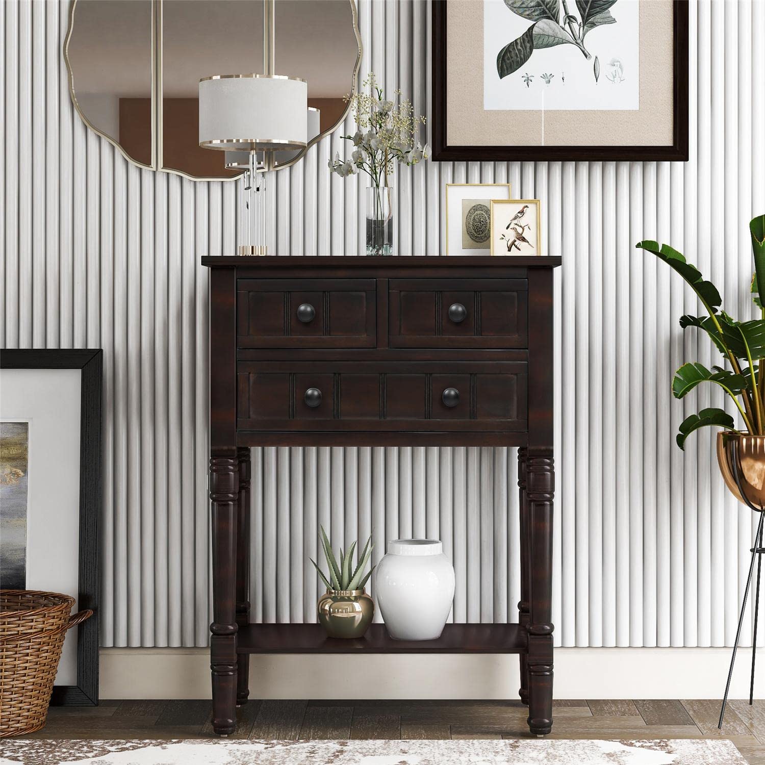 JINS&VICO 3-Drawer Console Table with Bottom Shelf - Espresso Entryway Sofa Table for Living Room, Dining Room & Hallway - Perfect for Home Decor, Storage & Display
