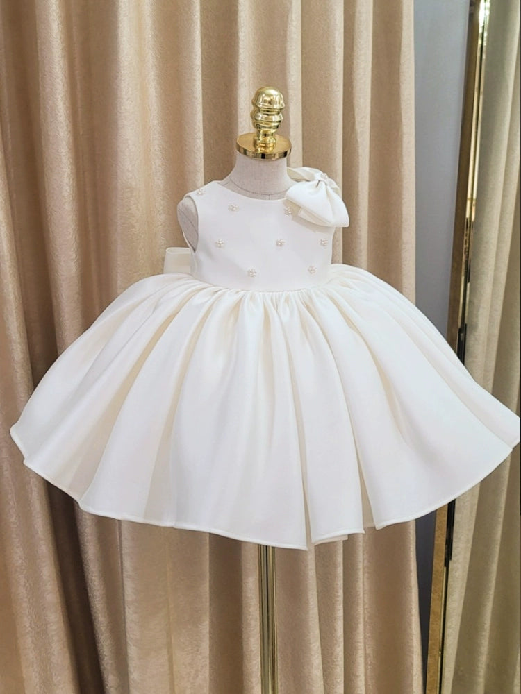 Princess Round Neck Tea Length Satin Flower Girl Dress - White for Weddings, Parties & Special Occasions