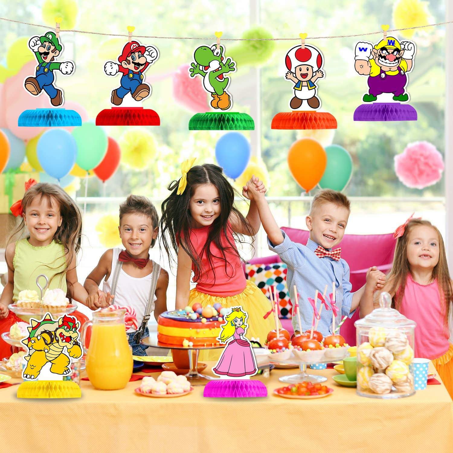 Super Mario Birthday Party Decorations - 7Pcs Double Sided Honeycomb Centerpieces for Mario Themed Party Supplies | Perfect for Kids Birthday, Game Night Decorations & Nintendo Themed Events