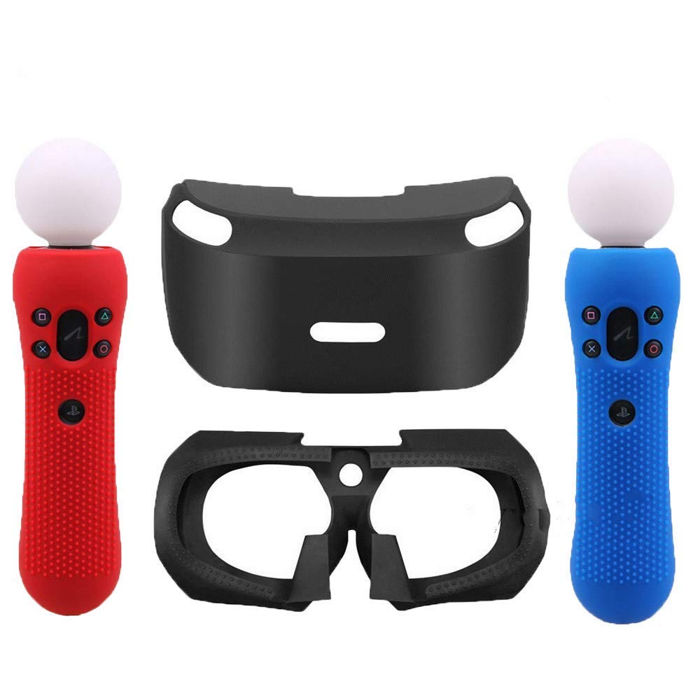 3D Glass Protective Silicone Skin Case & Eye Shield for PSVR PS VR Headset + 2pcs Controller Covers for Sony PS VR Move Motion Controllers (Red & Blue) - Virtual Reality Gaming Accessories for Enhanced Protection & Comfort