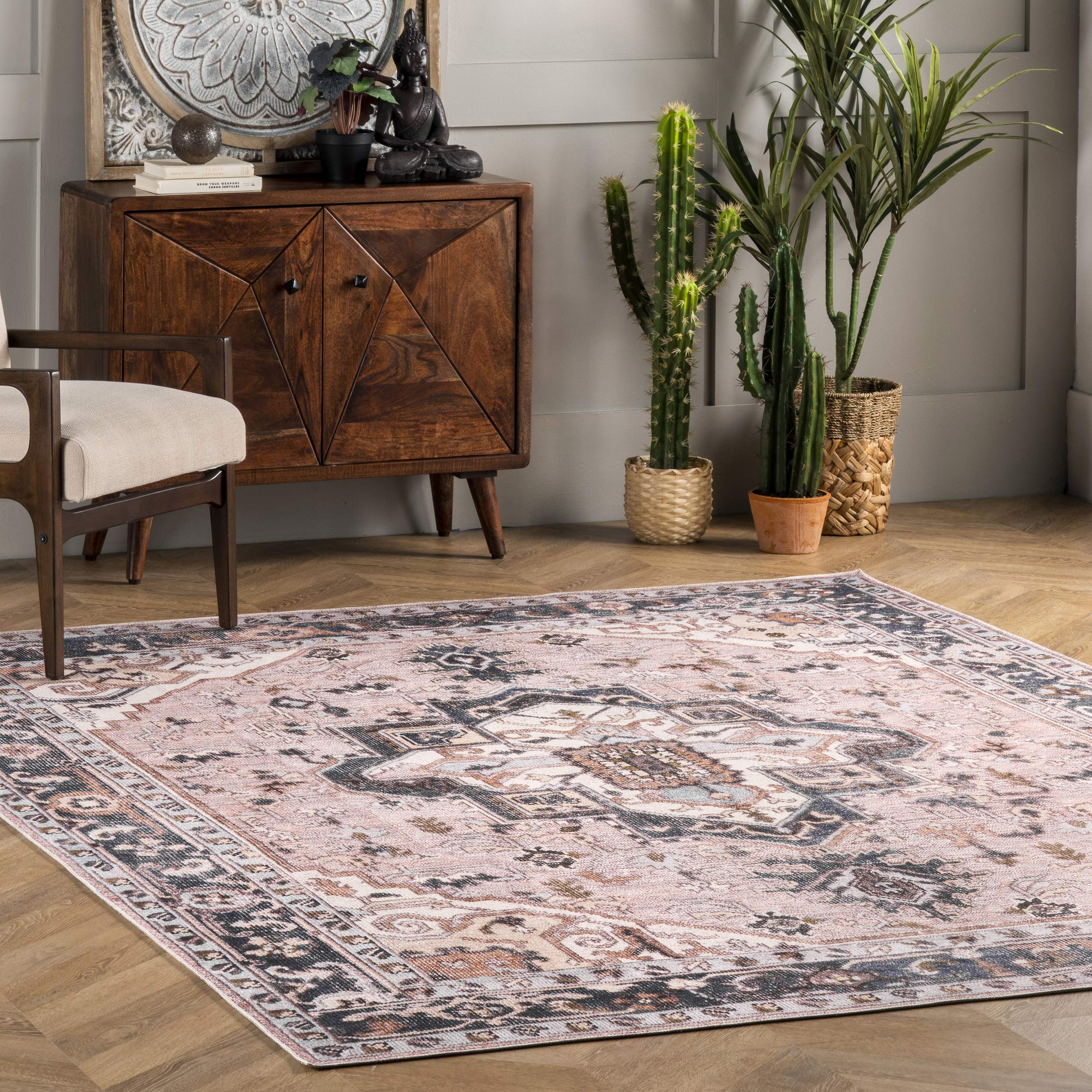 nuLOOM Sasha Washable Medallion Area Rug 9x12 Feet, Soft Pink Modern Boho Rug for Living Room, Bedroom, Dining Room – Machine Washable & Stain Resistant