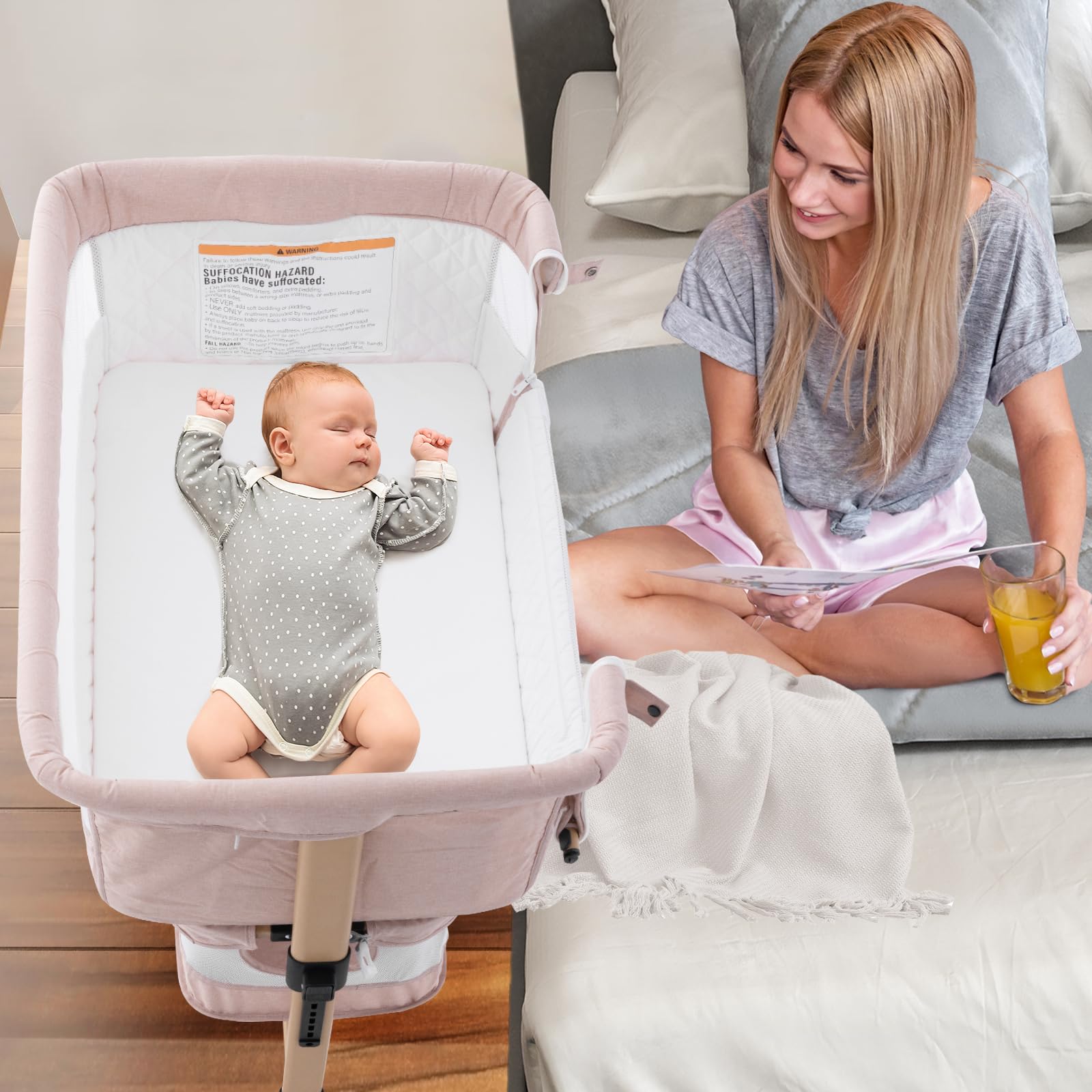 3 in 1 Adjustable Portable Baby Crib & Bassinet - Convertible Bedside Sleeper for Newborns & Infants, Light Beige | Perfect for Nursery, Bedroom & Travel Use