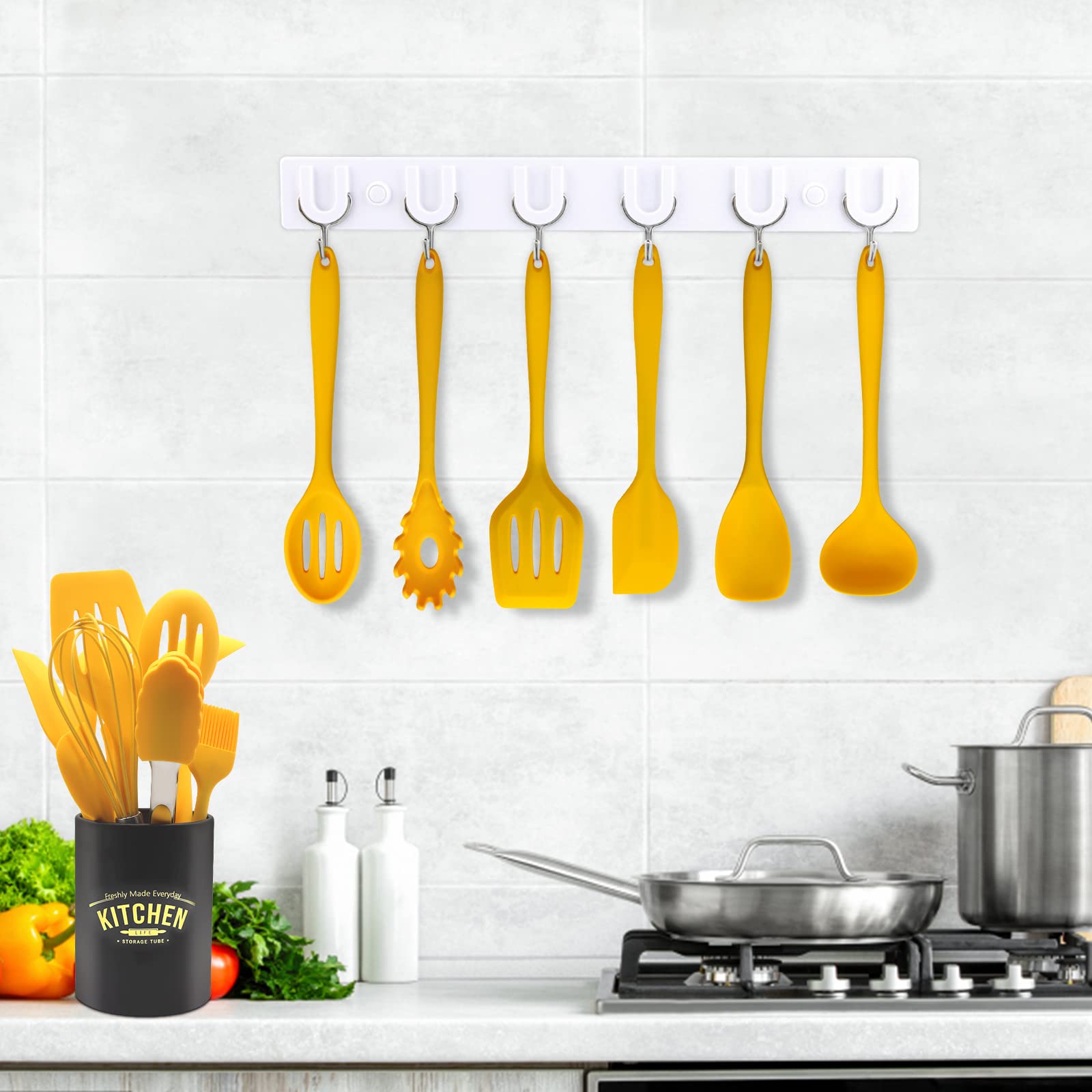 11-Piece Non-Stick Silicone Kitchen Utensil Set with Iron Holder - Yellow Cooking Tools for Baking, Frying & Grilling - Perfect Gift for Home Chefs & Cooking Enthusiasts
