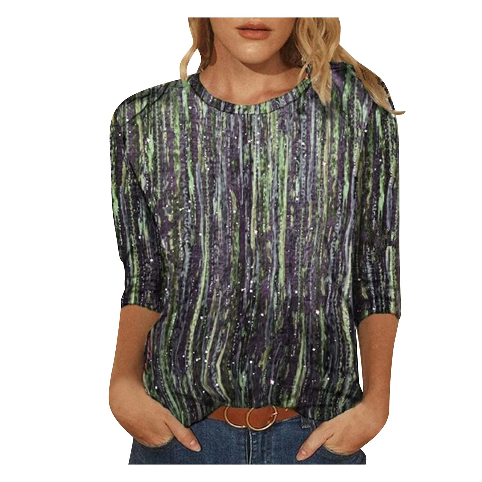 Kiasebu Women's 3/4 Sleeve Striped T-Shirt - Loose Casual Summer Blouse & Tunic Top - Lightweight Cute Print Tee for Everyday Wear, Office & Outings