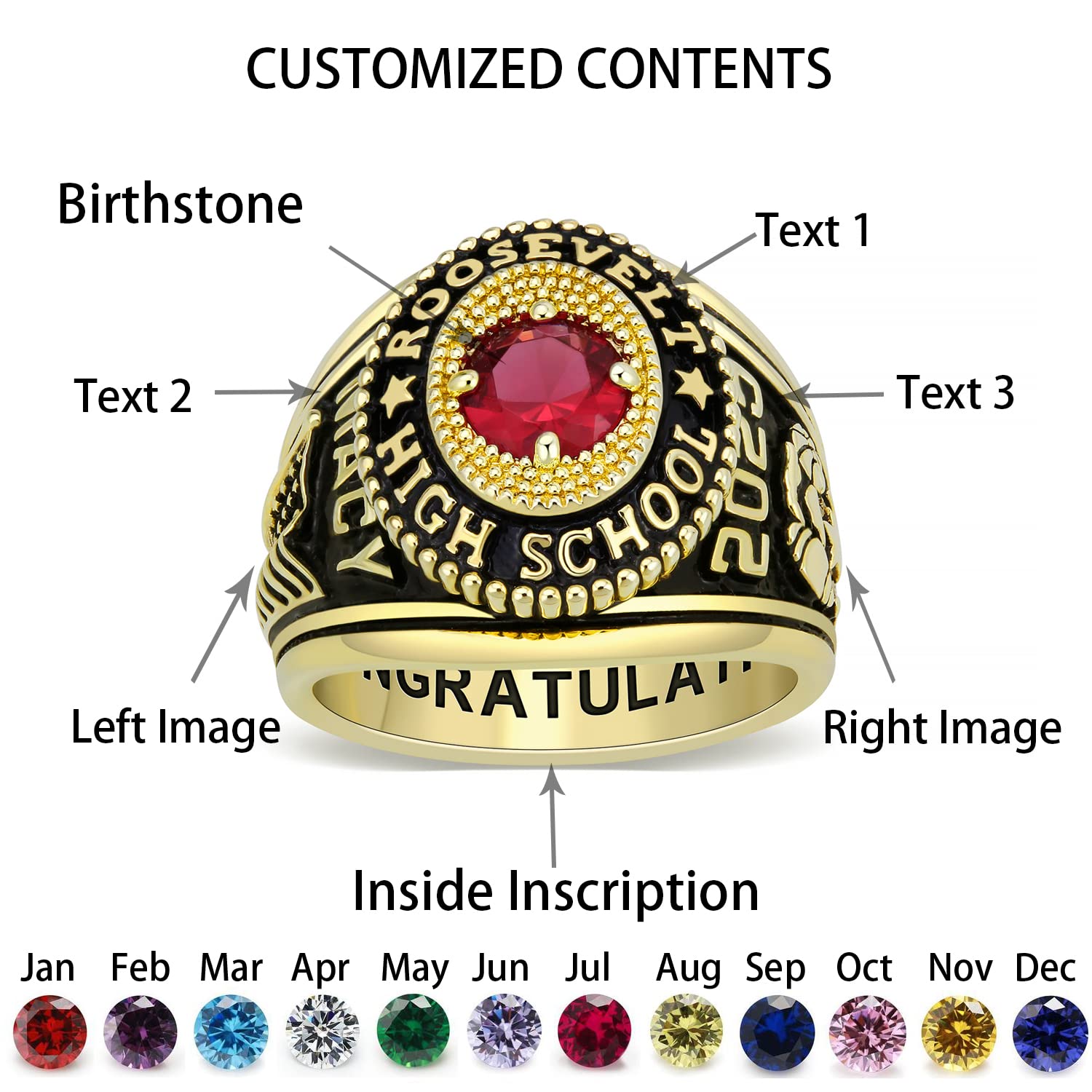 Custom Personalized Men's Class Rings with Cubic Zirconia & Birthstone - Sterling Silver High School Rings Size 5-15 - Perfect for Graduation Gifts, Alumni Reunions & School Spirit Events