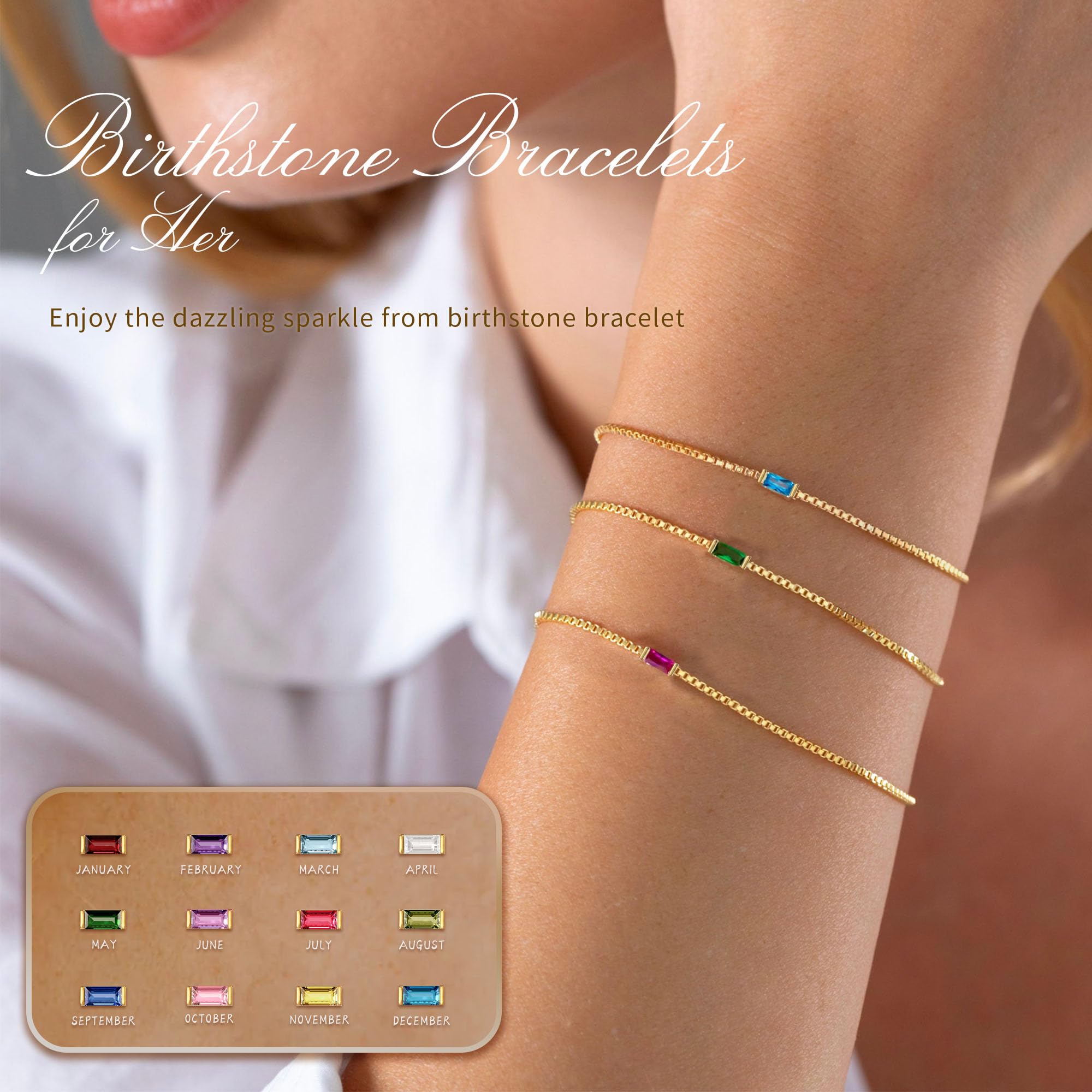 JSJOY 14K Gold Birthstone Bracelet for Women - Dainty Link Chain Bracelet with Genuine Birthstones, Elegant Jewelry Gift for Mom, Wife, Girlfriend - Birthday, Anniversary, Mother's Day Present - Perfect for Everyday Wear & Special Occasions