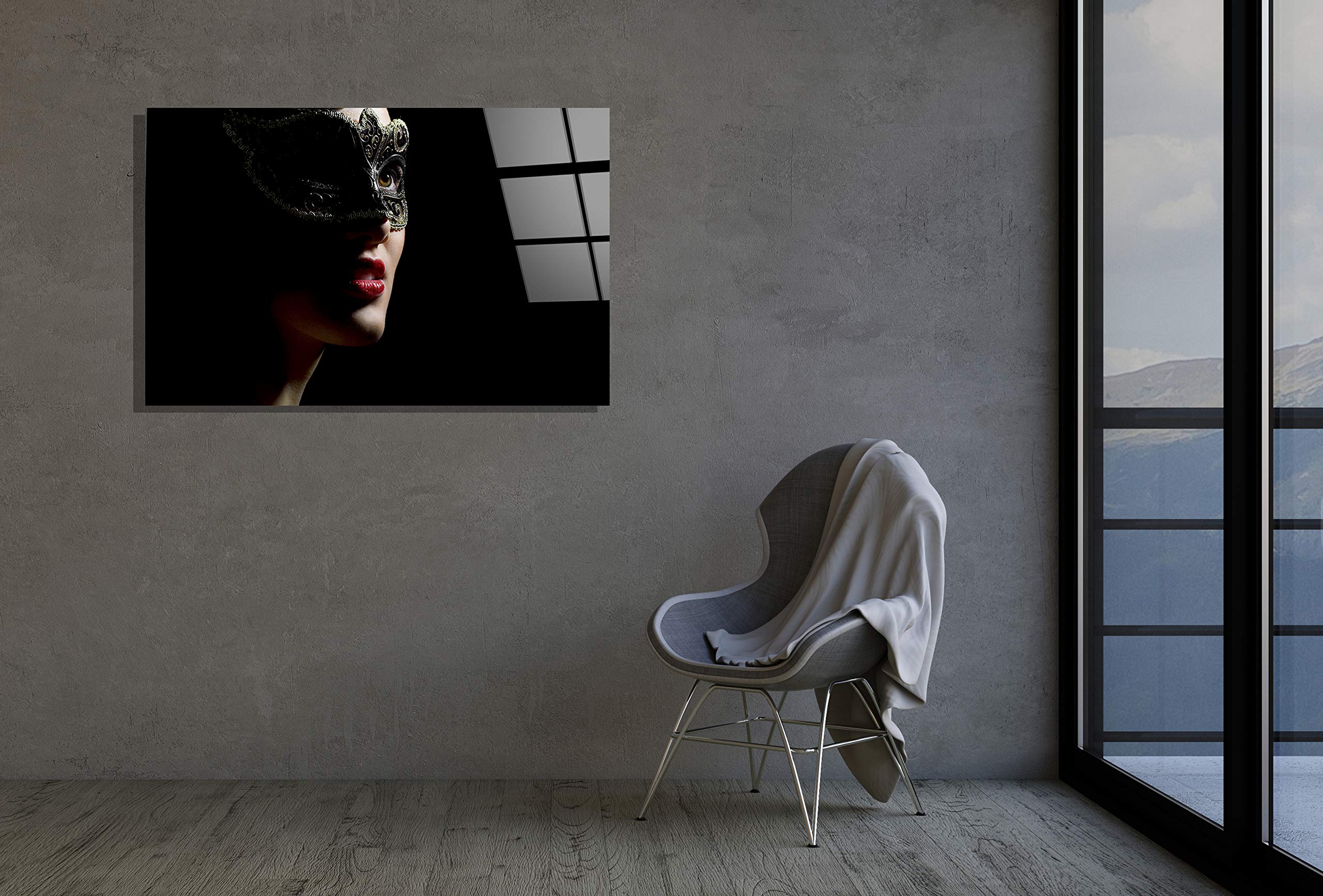 Stylish Woman in Mask Print Tempered Glass Wall Art - Elegant Home Decor & Luxury Gift for Living Room, Bedroom, or Office