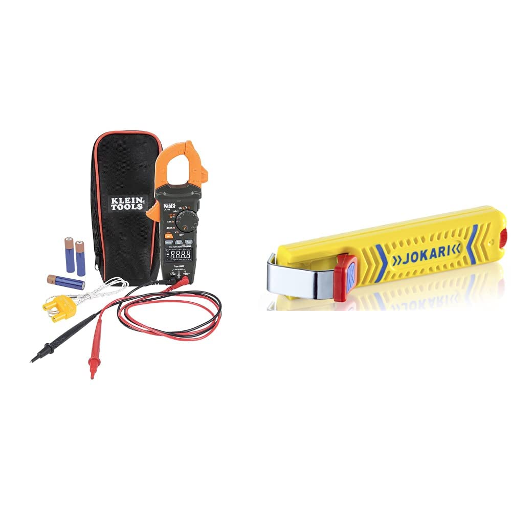 Klein Tools CL390 Digital Clamp Meter - AC/DC Current Voltage Resistance Tester & Jokari 10270 Secura Cable Stripping Knife for Standard Round Cables (13.2cm x 2.9cm x 3.5cm) - Perfect for Electricians, HVAC Technicians & DIY Home Electrical Projects