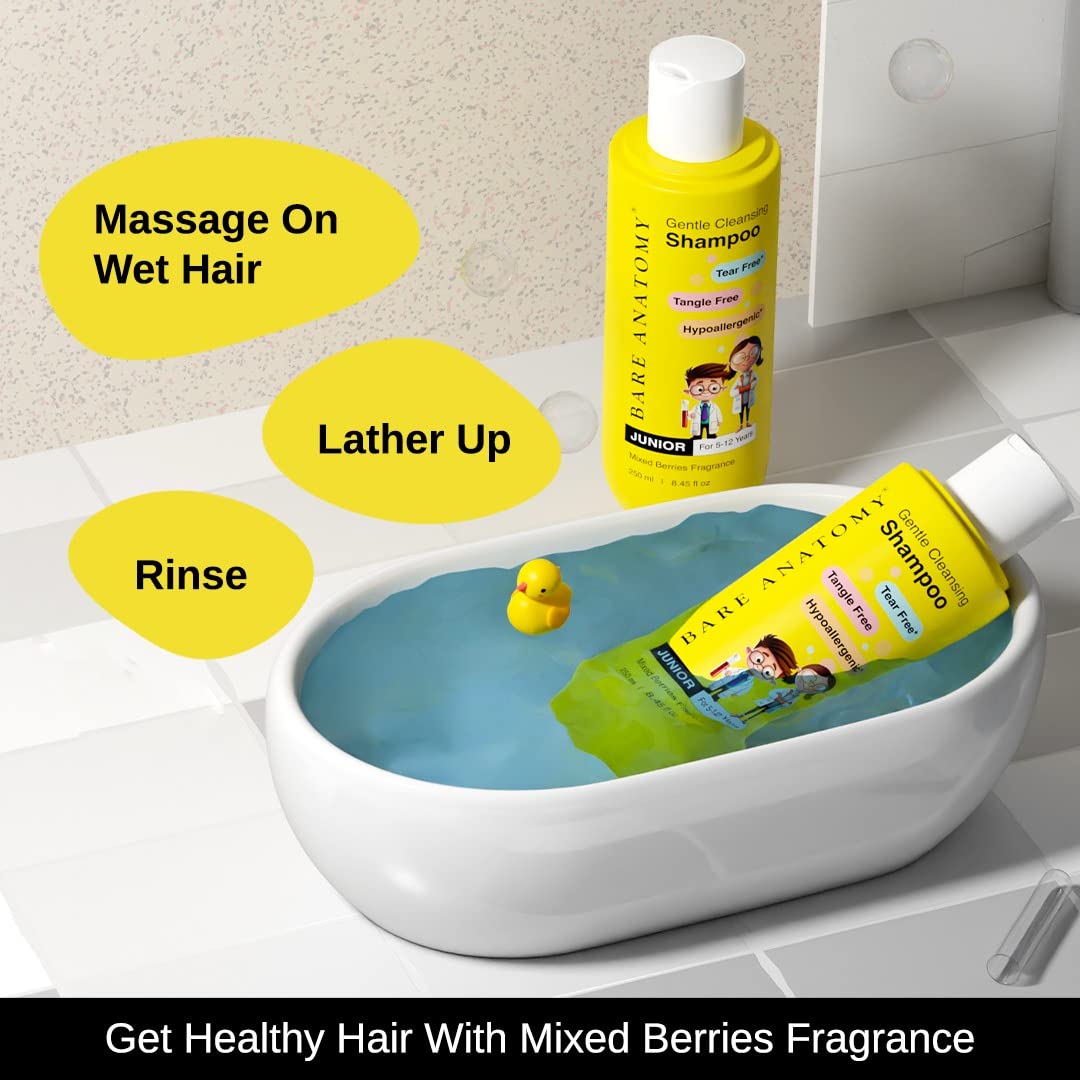 Bare Anatomy Gentle Kids Shampoo for Ages 5-12 | Tear-Free Hypoallergenic Formula with pH 5.5 | Enriched with Coconut Milk Protein, Almond Oil & Vitamin E | SLS & Paraben Free Vegan Shampoo (250ml) | Perfect for Daily Bath Time & Sensitive Scalp Care