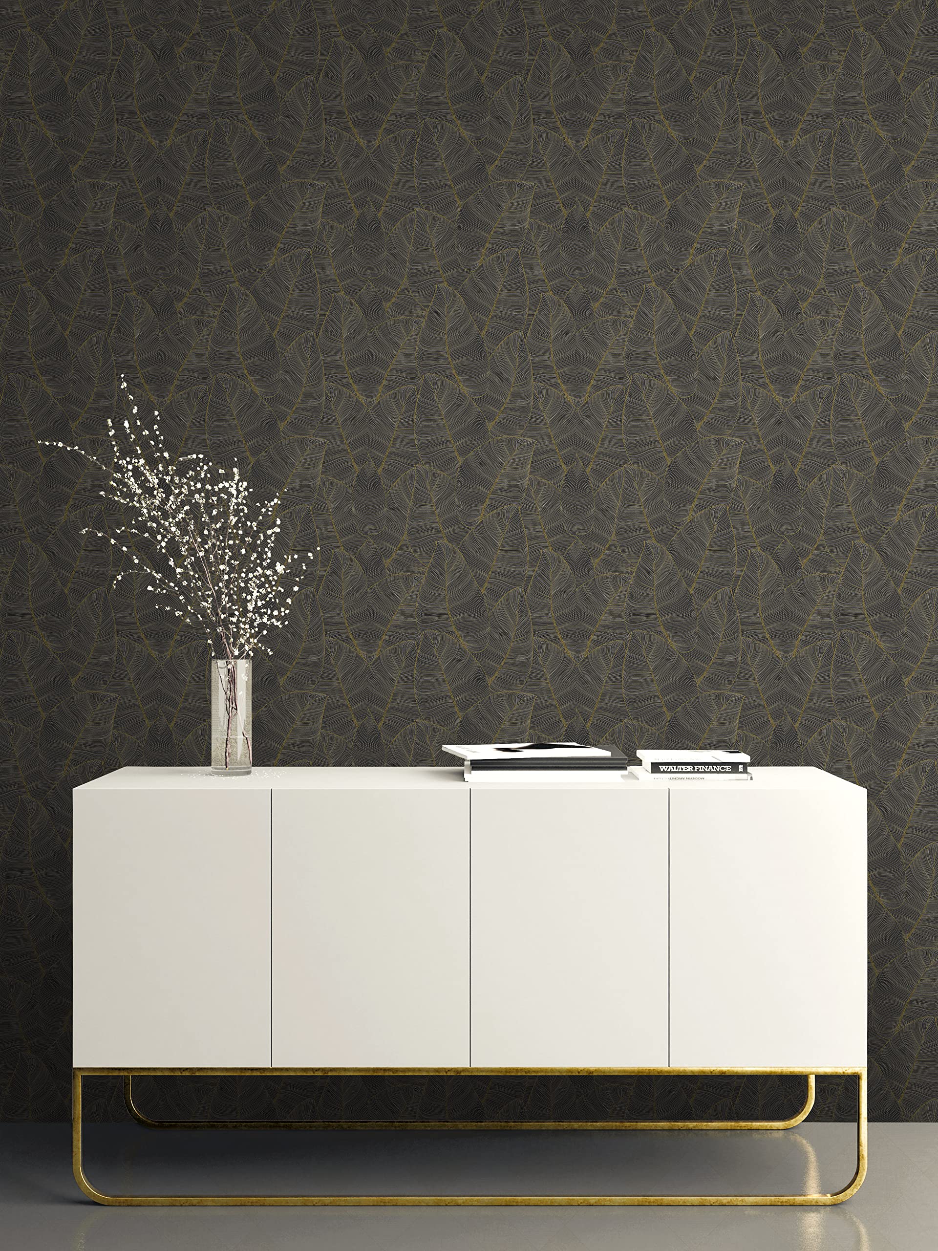 Premium Metallic Leaf Peel & Stick Wallpaper Roll - Black & Gold Design, Covers 56.05 sq ft - Easy DIY Home Decor for Living Room, Bedroom, or Accent Walls