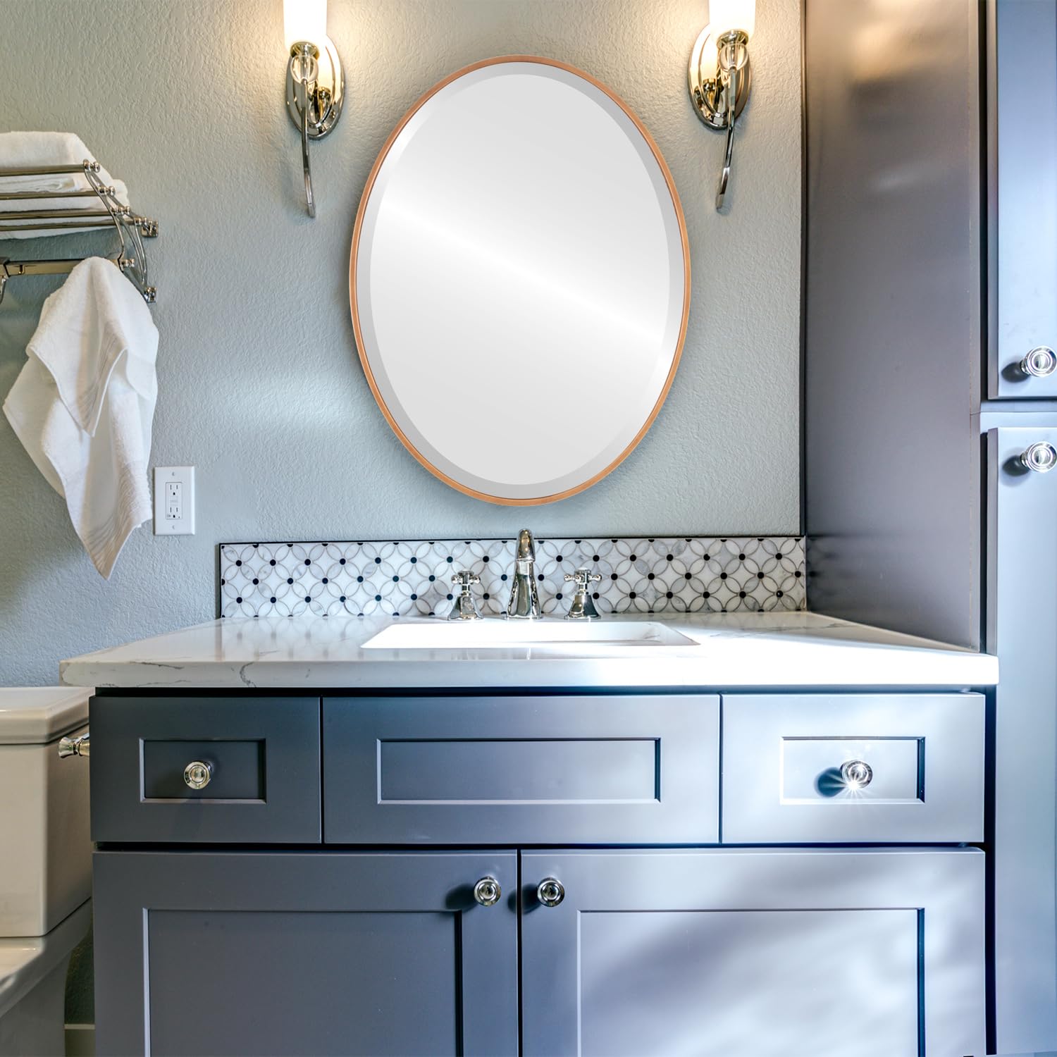 OVALCREST - 18.6x24.6 Inch Oval Wooden Beveled Wall Mirror - Sunset Gold Finish - Singapore Style Home Decor for Bathroom, Vanity, Bedroom, Living Room & Hallway - Perfect for Makeup, Dressing & Interior Design