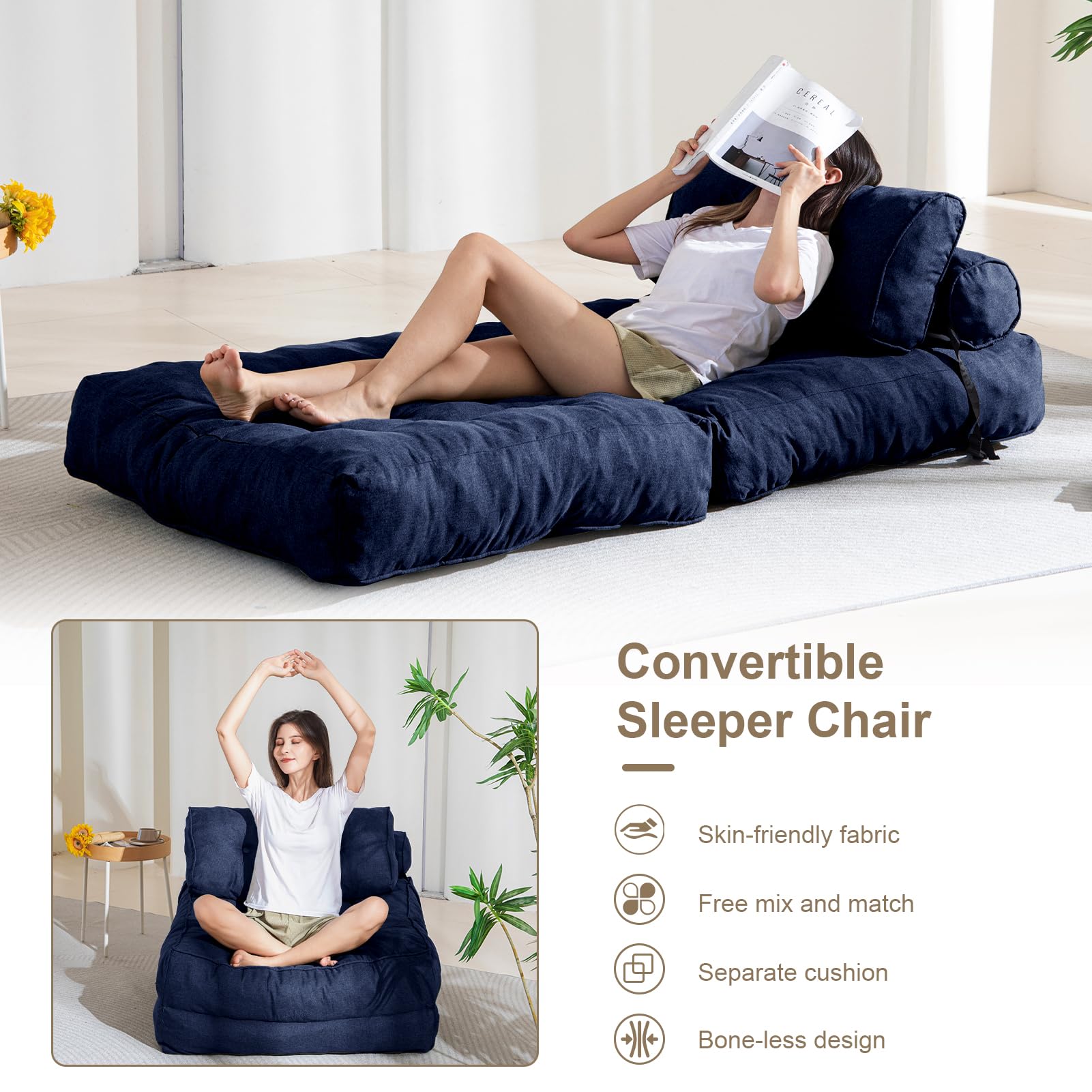 MAXYOYO Folding Couch Sofa Bed - Convertible Sleeper Chair with Back Support & Pillow, Navy Blue - Perfect for Small Spaces, Guest Rooms & Apartments
