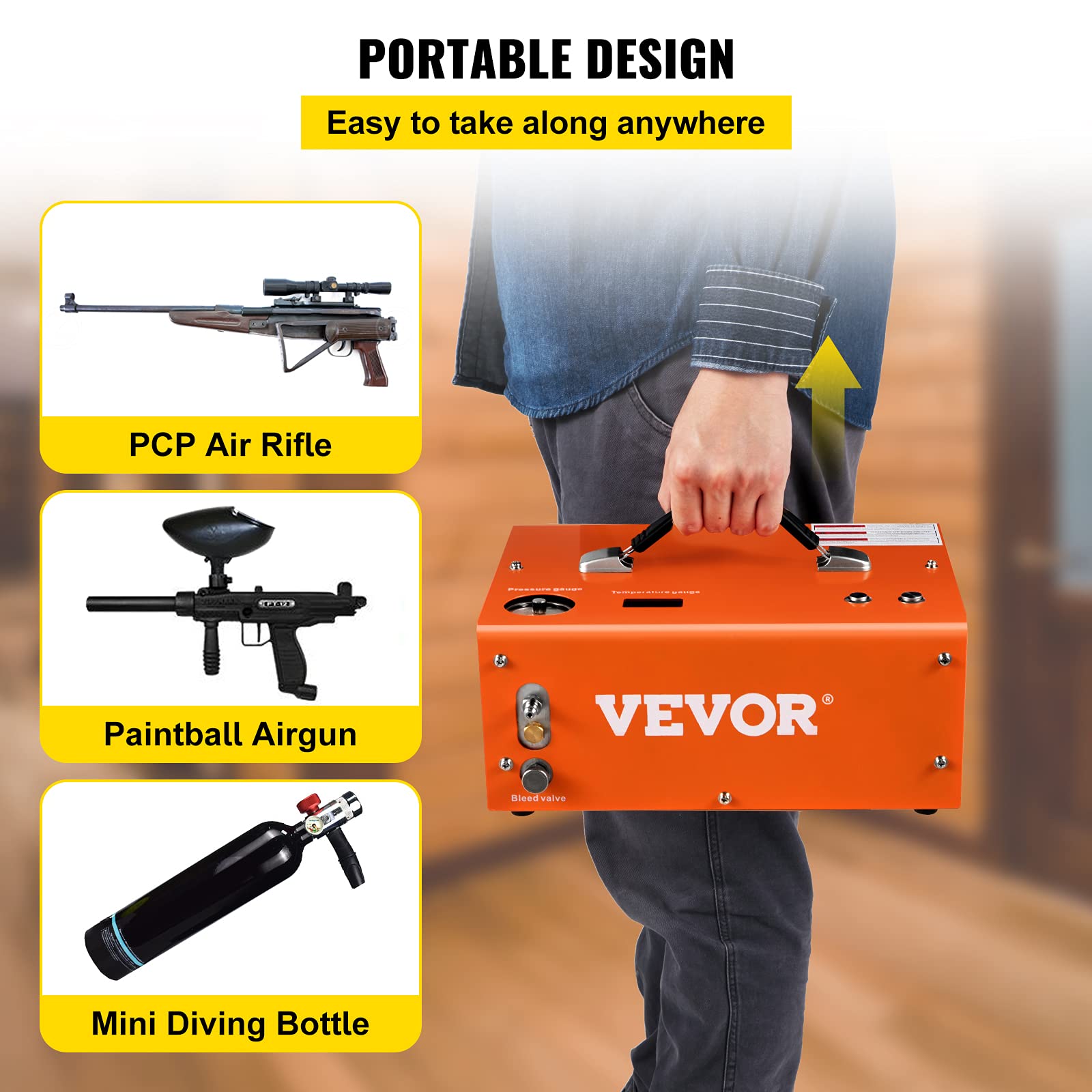 VEVOR 4500PSI PCP Air Compressor, Portable 12V DC/110V-220V AC Airgun Compressor with Auto-Stop, Built-in Adapter & Fan Cooling - Ideal for Paintball, Air Rifles, Scuba Tanks & Mini Diving Bottles | Perfect for Hunting, Shooting Sports & Outdoor Adventures