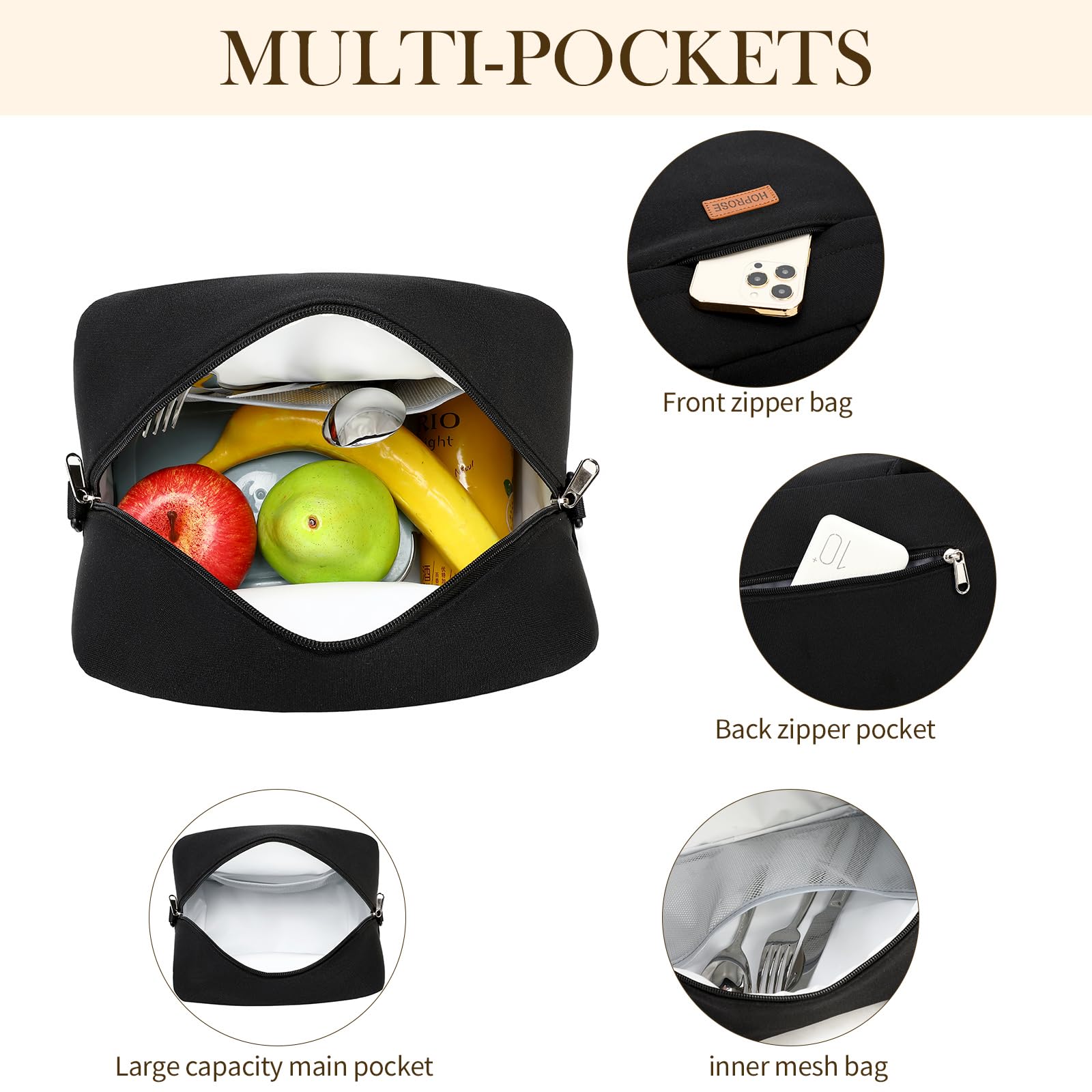 HOPROSE Insulated Leakproof Lunch Box for Women & Men - Large Capacity Reusable Cooler Lunch Bag for Work, Office, Picnic, Camping & Outdoor Activities (Black) #1801 | Perfect for Meal Prep, School Lunch & Travel