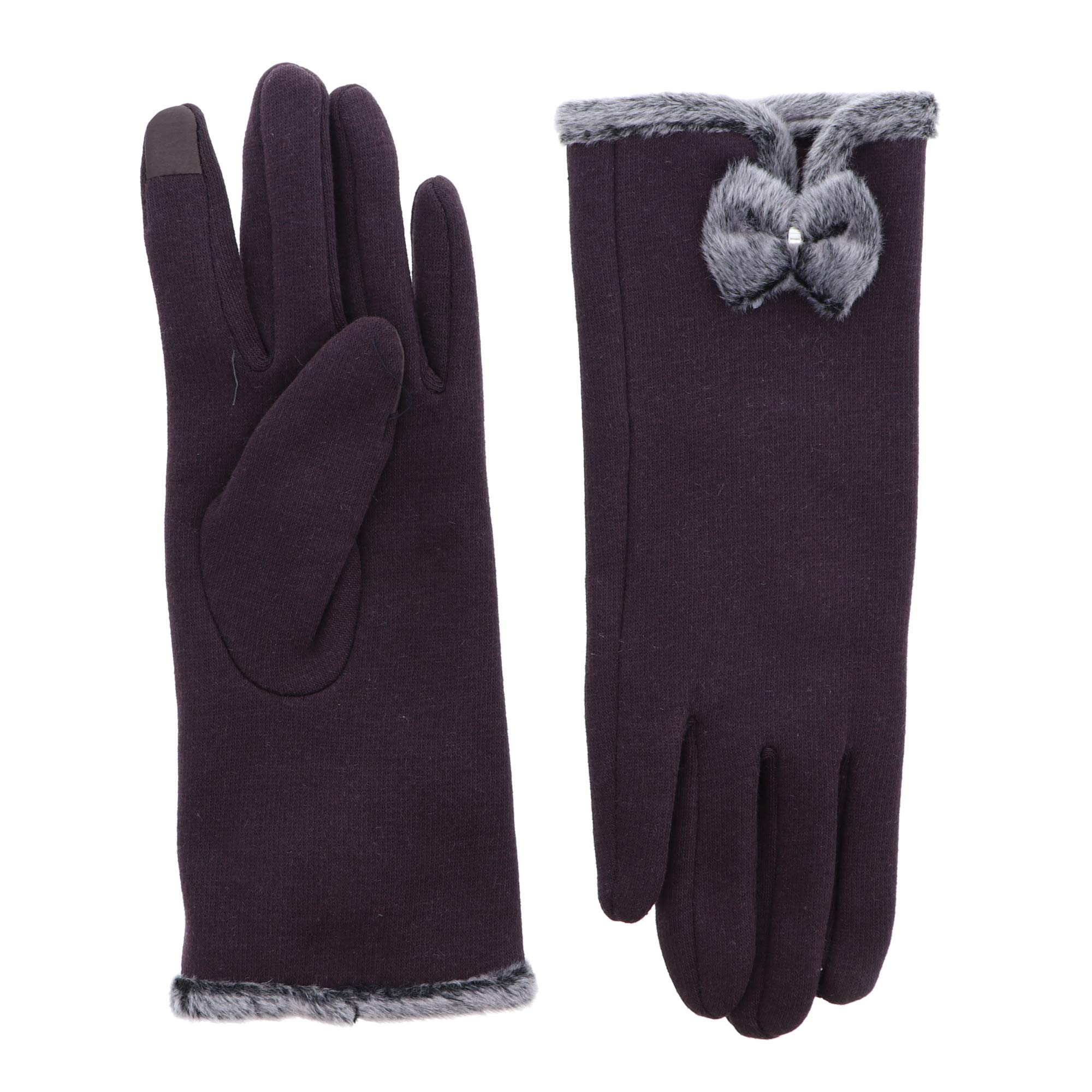 Ladies Winter Jersey Touchscreen Gloves With Fur Bow - Warm Textured Gloves for Driving, Skiing & Outdoor Activities