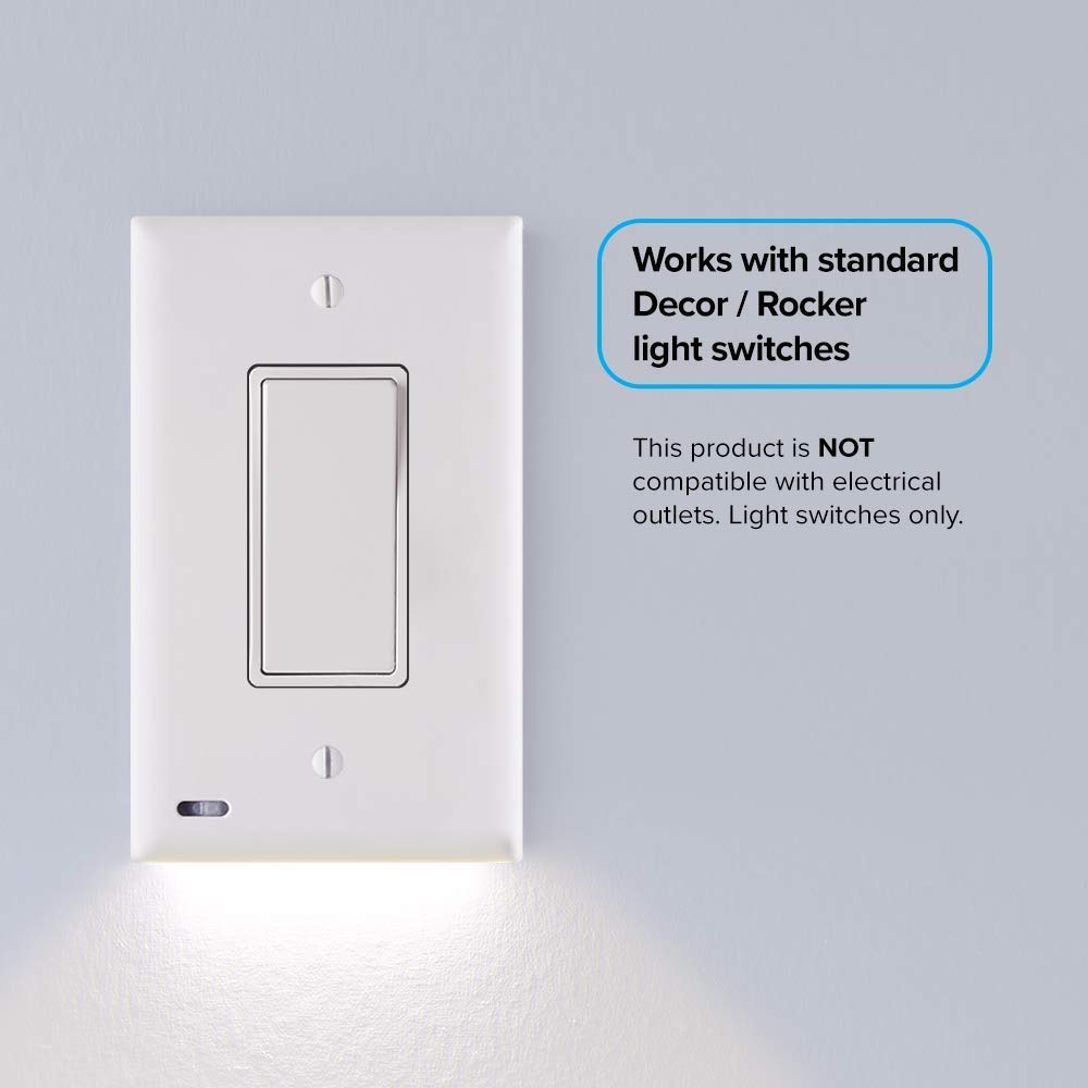2 Pack SnapPower SwitchLight LED Night Light for Single-Pole Light Switches - White Rocker Switch Plate with Adjustable Brightness & Auto On/Off Sensor - Perfect for Hallways, Bedrooms, Bathrooms & Staircases at Night