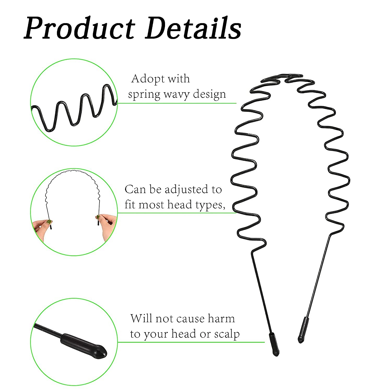 Fameza Elastic Wavy Spring Wave Hair Band - 6 Pack Black Non-Slip Metal Hair Hoop for Women & Men | Unisex Sport & Fashion Hair Accessories | Perfect for Workouts, Yoga, Running & Daily Styling