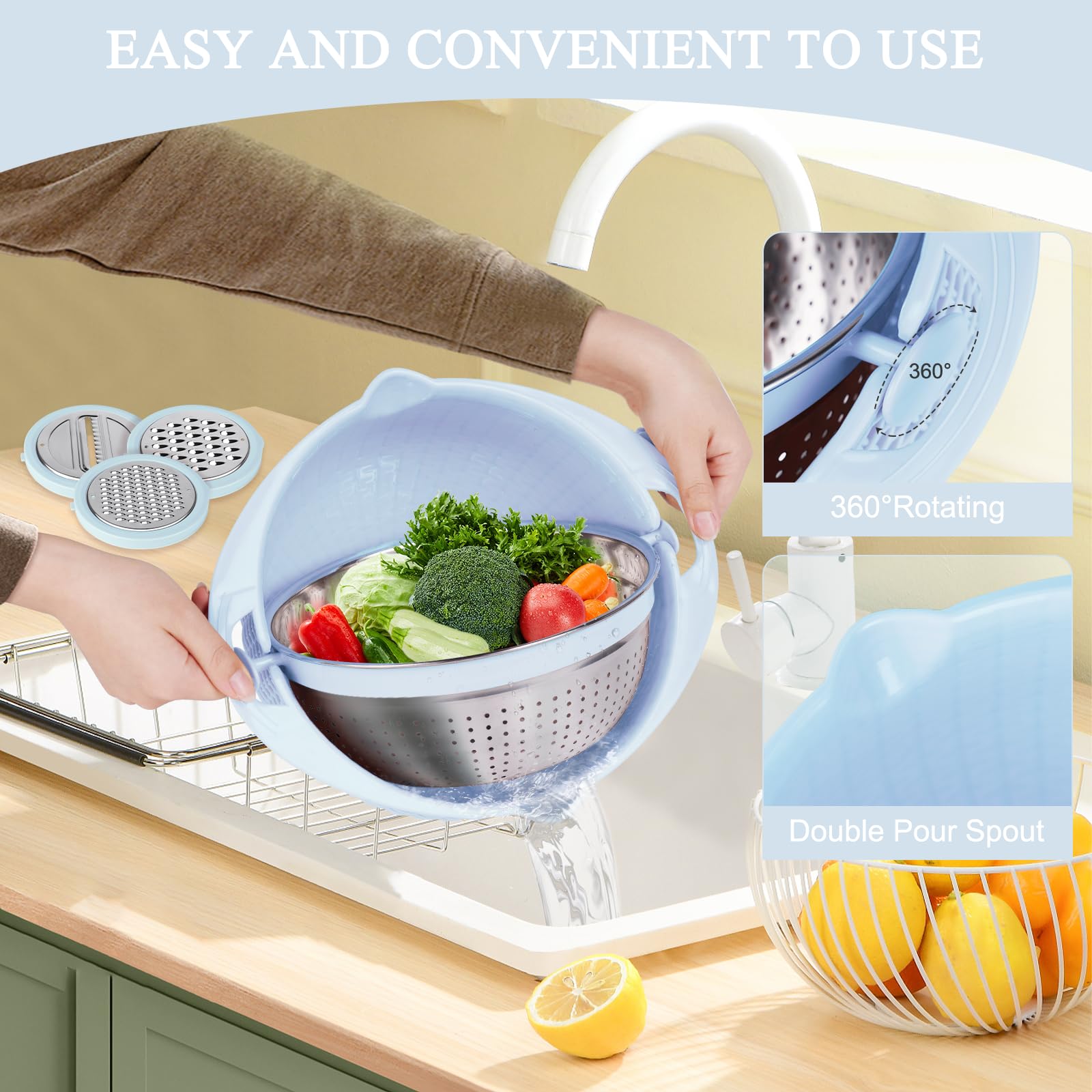 4-in-1 Rotating Colander and Mixing Bowl Set - Kitchen Strainer for Pasta, Rice, Fruits & Vegetables - Durable Food Wash Basket with Handle - Perfect for Meal Prep, Cooking & Washing Produce (Blue)