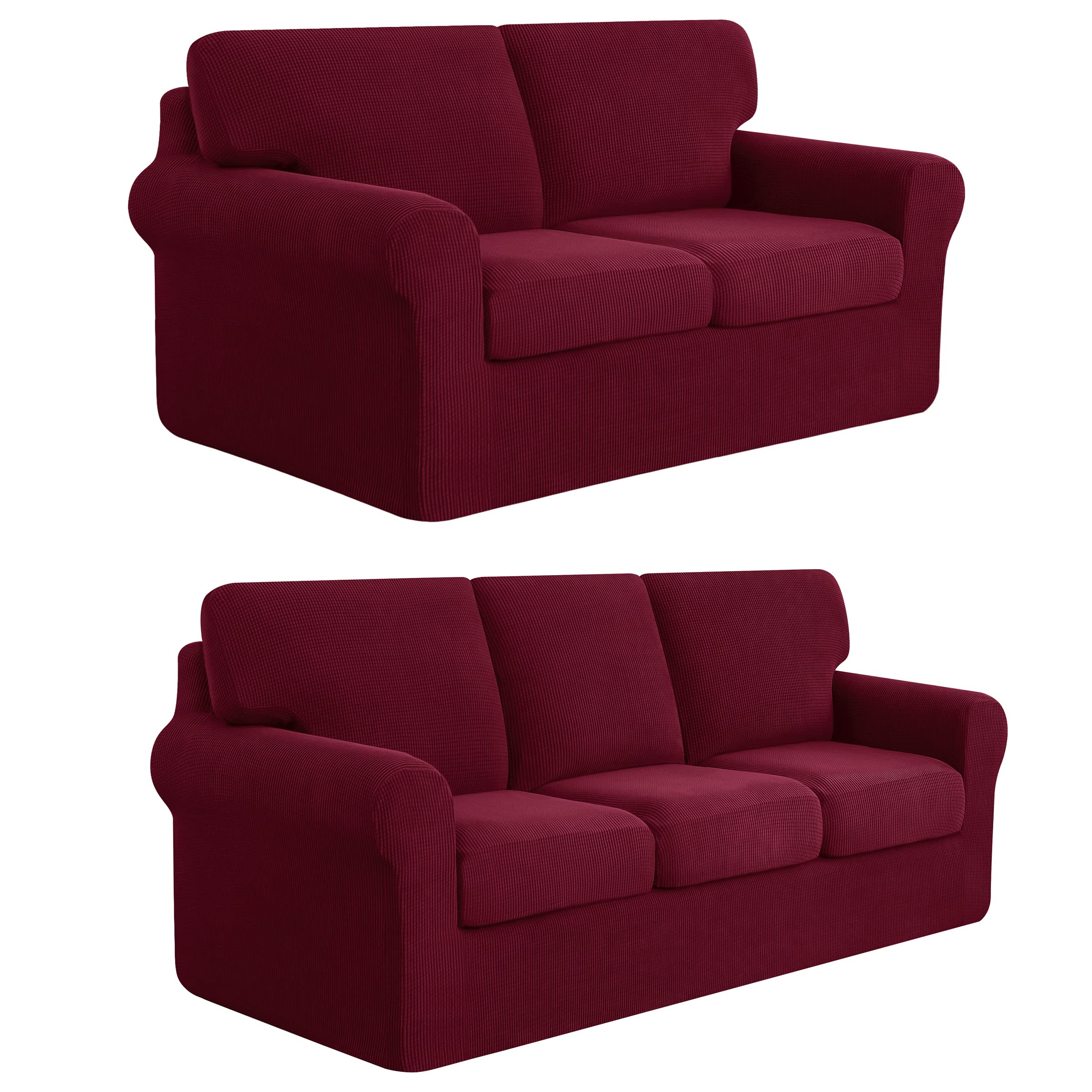 SUBRTEX 5-Piece Loveseat Cover & 7-Piece Sofa Cover Set - Stretchable Couch Slipcovers with Separate Backrest & Cushion Covers for Living Room (Medium/Large, Wine Red) - Perfect for Pet Protection, Furniture Refresh & Home Decor Upgrade
