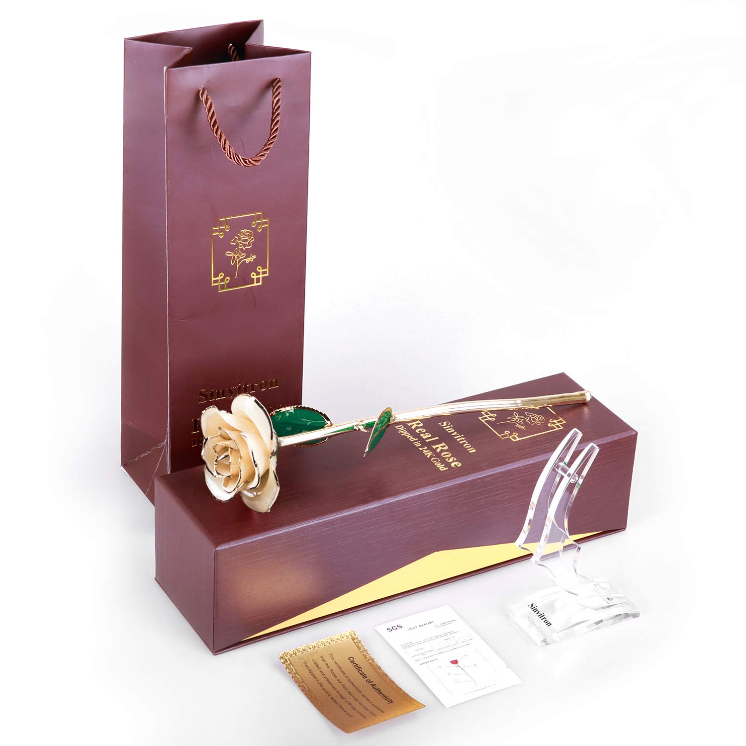 24K Gold Dipped Real Rose with Long Stem & Display Stand - Elegant Birthday, Anniversary, Valentine's Day & Mother's Day Gift for Her (Ivory White) - Perfect for Romantic Surprises, Home Decor & Luxury Gift Giving