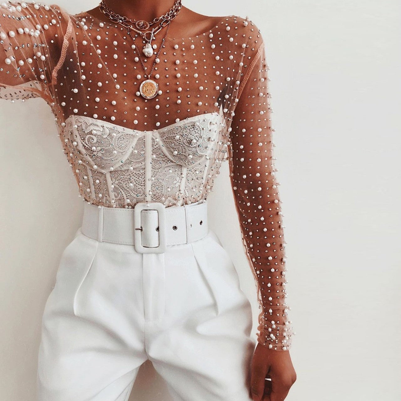 Sexy Sheer Lace Long Sleeve Top with Beaded Details - Elegant Mesh Blouse for Women | Perfect for Date Nights, Parties & Special Occasions