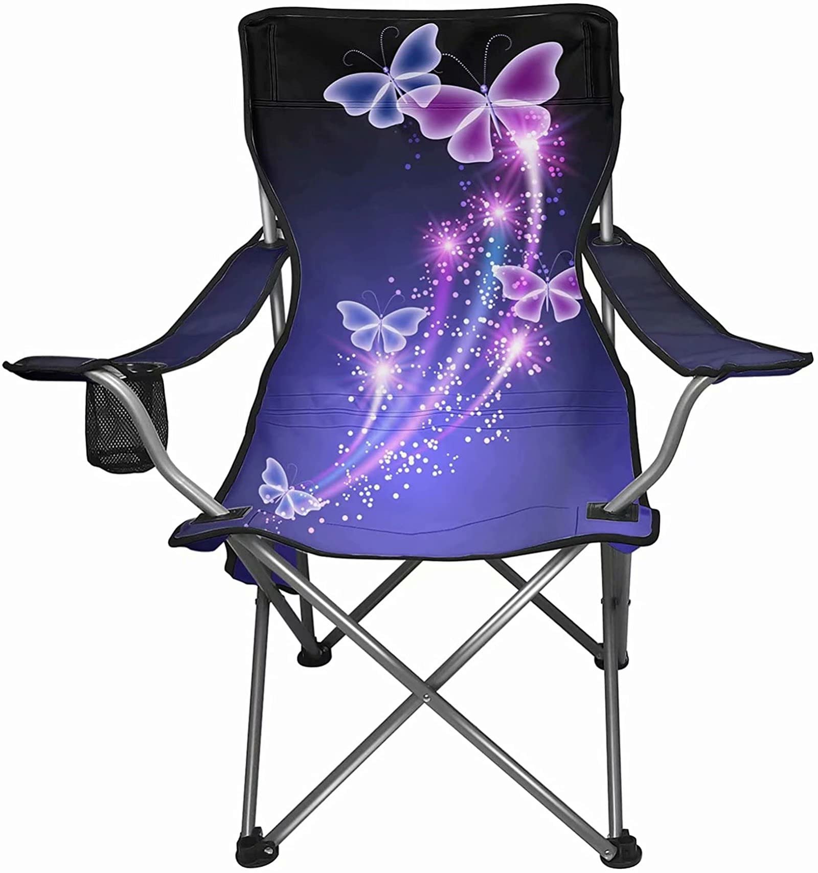 Forchrinse Bling Bling Crystal Butterfly Purple Folding Camping Chair with Cup Holder & Carry Bag - Portable Outdoor Seat for Beach, Picnic, Backyard, and Festival Use