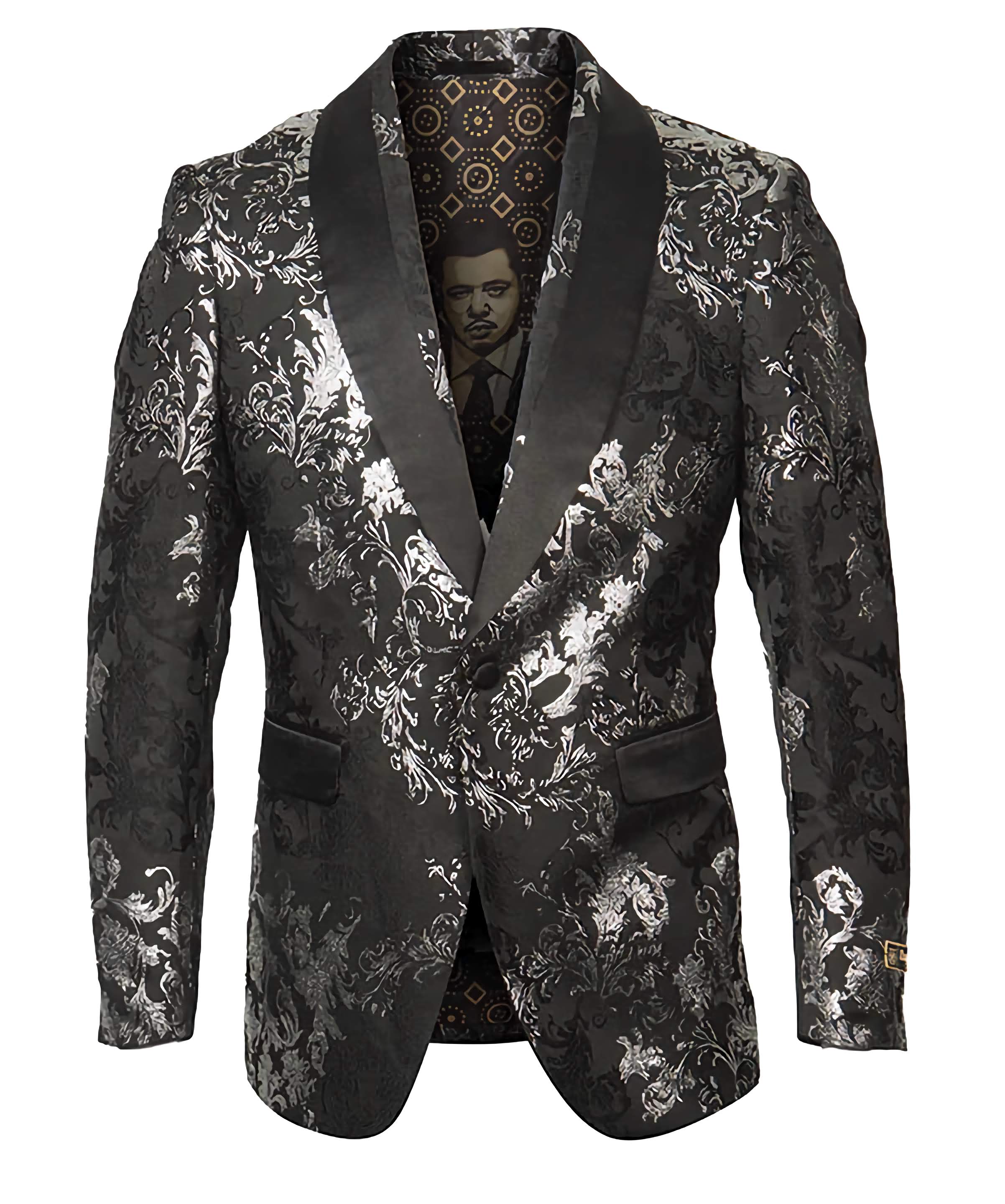 Black & Silver Floral Print Slim Fit Sports Coat for Men - Stylish Blazer for Weddings, Parties & Business Casual Wear