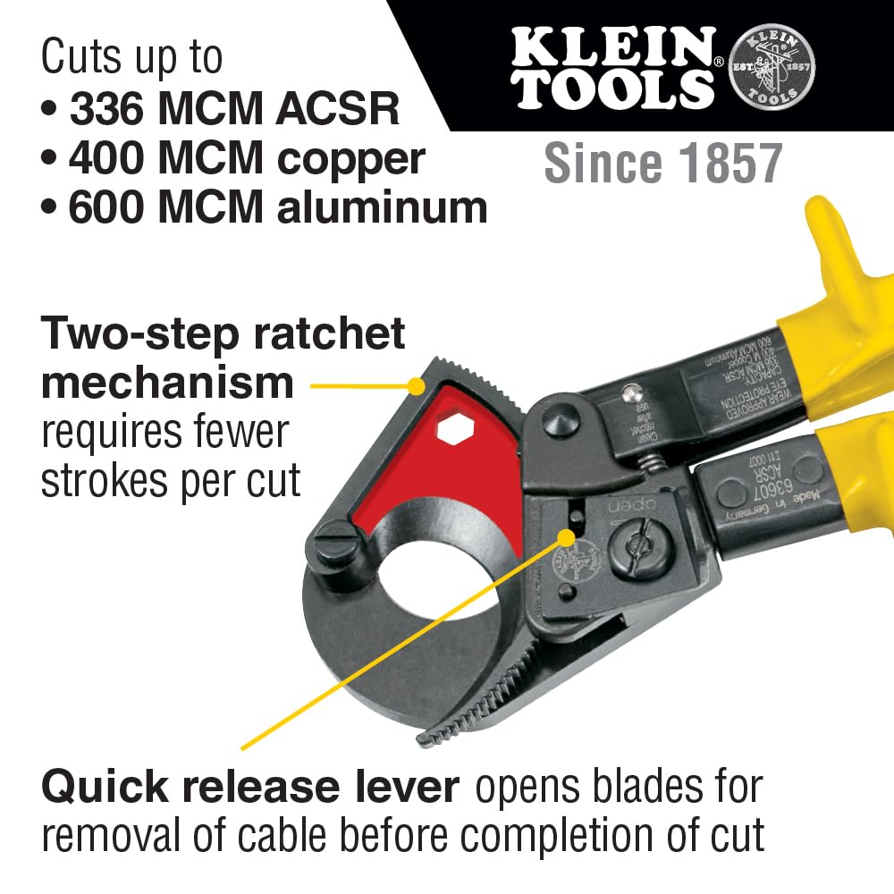 Klein Tools 63607 Ratcheting Cable Cutter - Heavy Duty Wire Cutting Tool for Copper, Aluminum & ACSR Cables | Ideal for Electricians, Contractors & DIY Electrical Projects