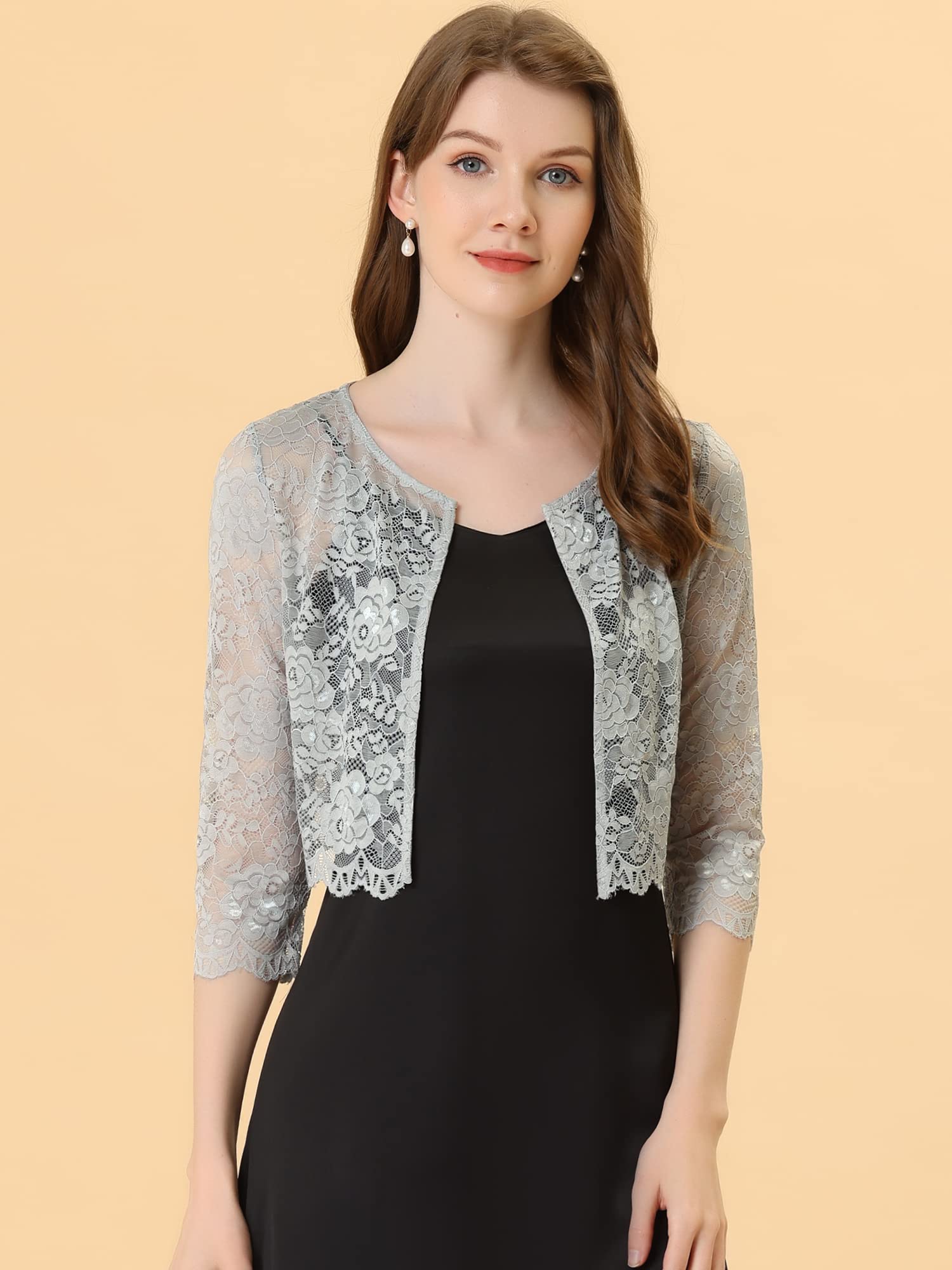 Allegra K Women's Lace Cardigan - Elegant Open Front Floral Cropped Bolero Shrug for Weddings, Parties & Date Nights | Sheer Lace Tops for Spring & Summer Outfits
