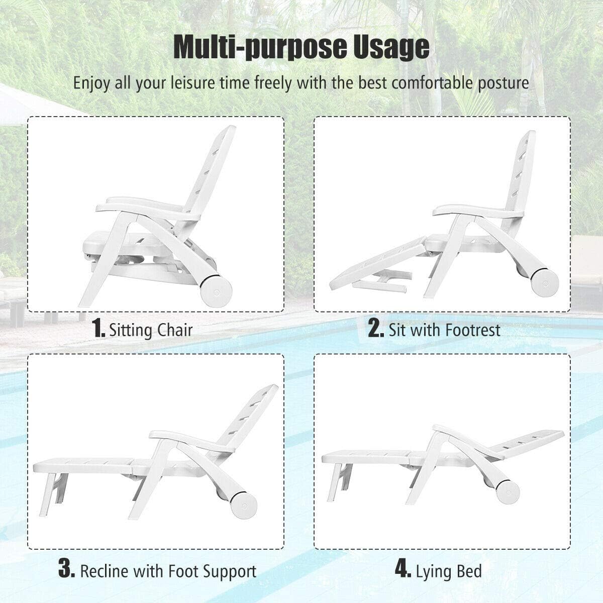 Foldable Patio Chaise Lounge Chair with Wheels - Lightweight Plastic Outdoor Recliner for Pool, Beach, Garden & Backyard Relaxation