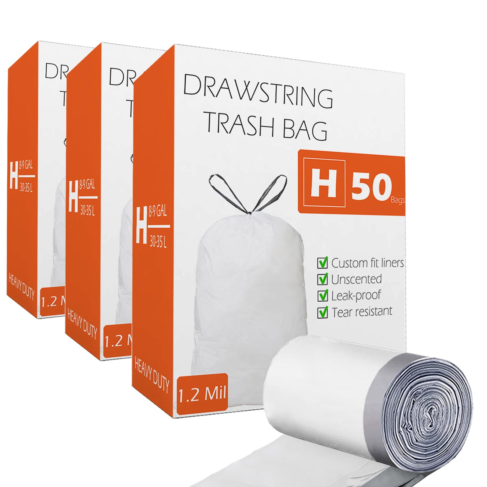 Heavy Duty Drawstring Trash Bags 3 Pack (150 Count) - 8-9 Gallon/30-35 Liter Code H Compatible Garbage Can Liners | 1.2 Mil Thick | White | Perfect for Kitchen, Bathroom & Office Waste Bins