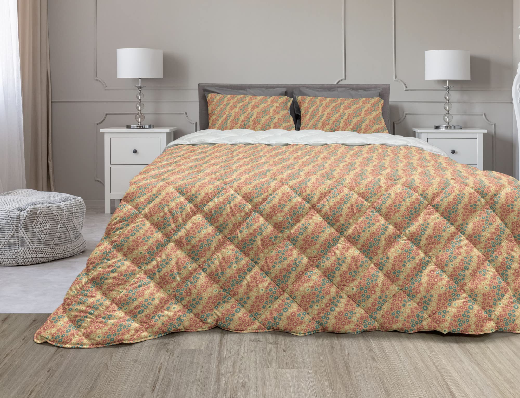 Ambesonne Floral Comforter Set - Twin XL Peony & Daisy Print Microfiber Duvet Cover with Sham, Dark Coral & Petrol Blue | Spring Bedroom Decor, Guest Room Essentials, Cozy Home Textiles
