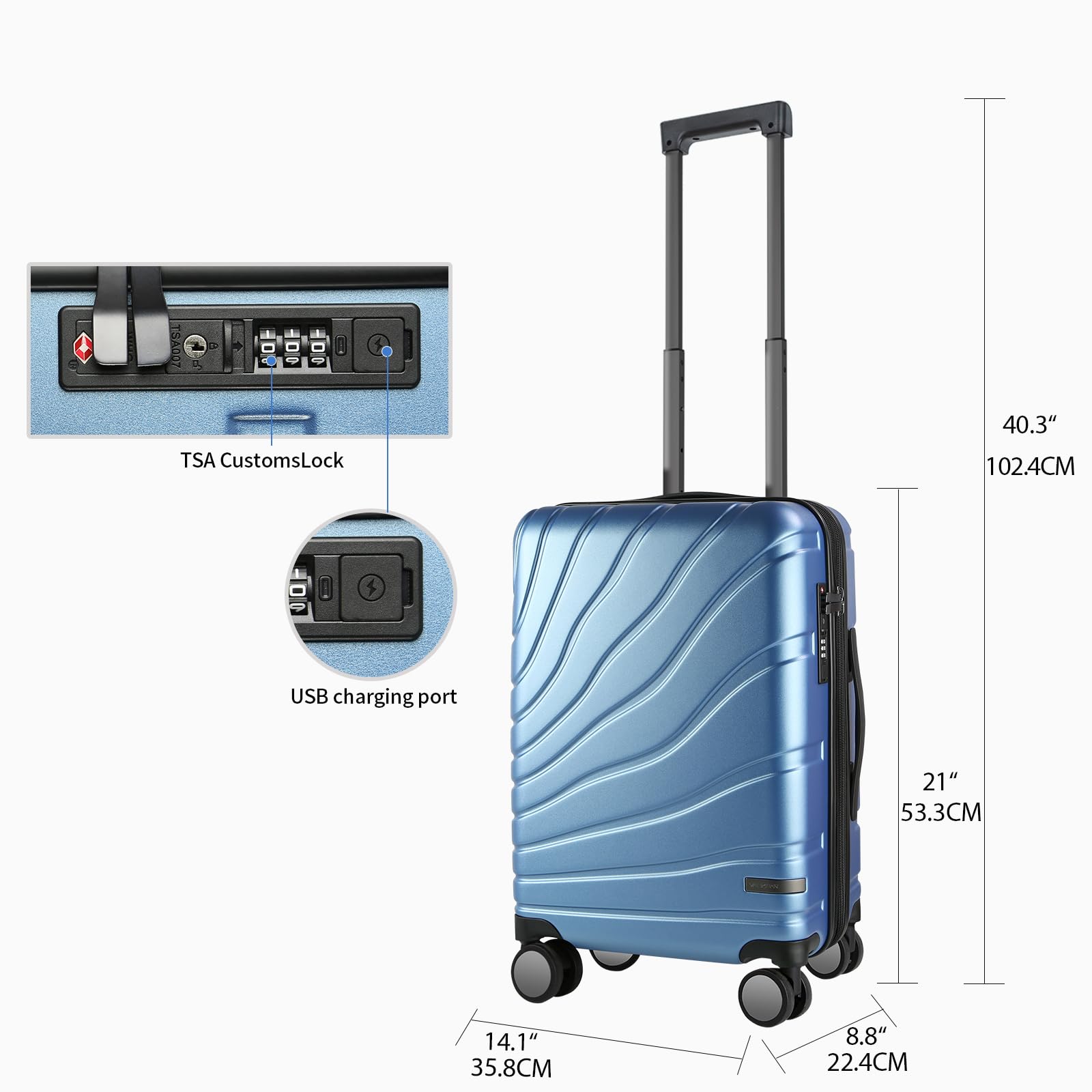 VANKEAN 20 Inch Expandable Hard Shell Carry On Luggage with 360° Spinner Wheels & TSA Lock - Airline Approved Light Blue Suitcase for Travel, Business Trips & Weekend Getaways