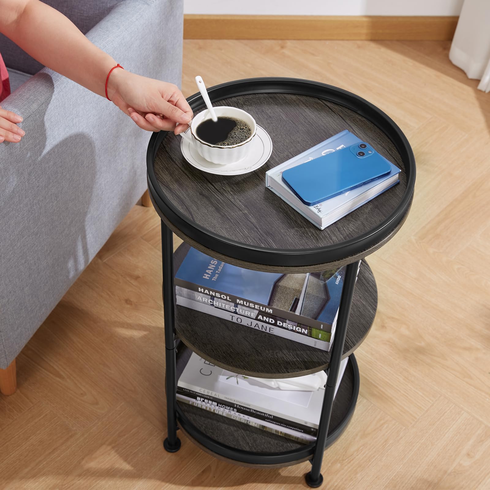 Dulcii Round Side Table with 3 Shelves - Industrial Steel Frame End Table for Living Room, Bedroom, Nightstand - Small Space Sofa Table & Outdoor Coffee Table in Grey - Perfect for Apartments, Dorms, and Patio Decor
