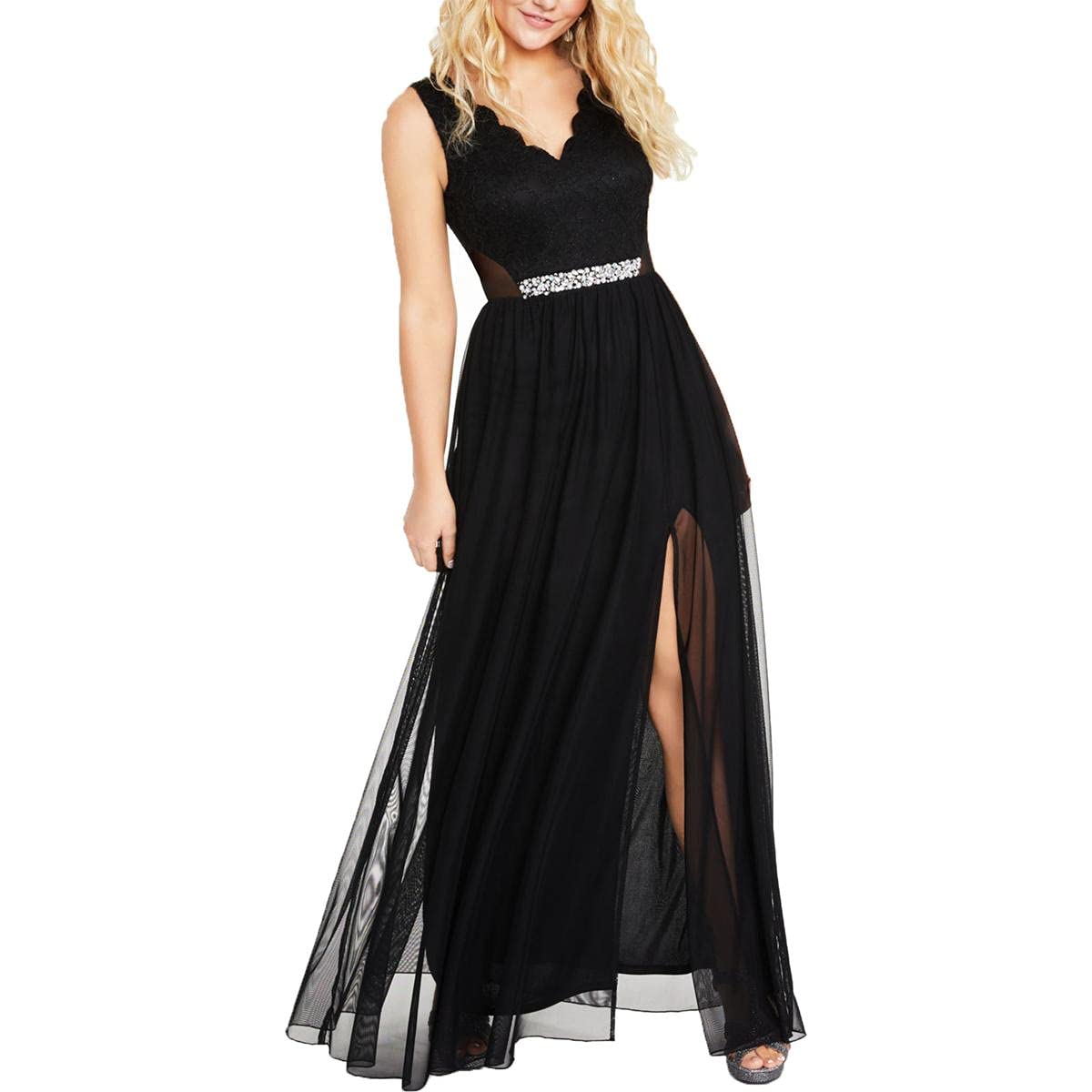 BCX Women's Black Glitter Embellished Sleeveless V-Neck Formal Evening Gown with Empire Waist - Perfect for Prom, Homecoming, Cocktail Parties and Special Occasions (Size 0)
