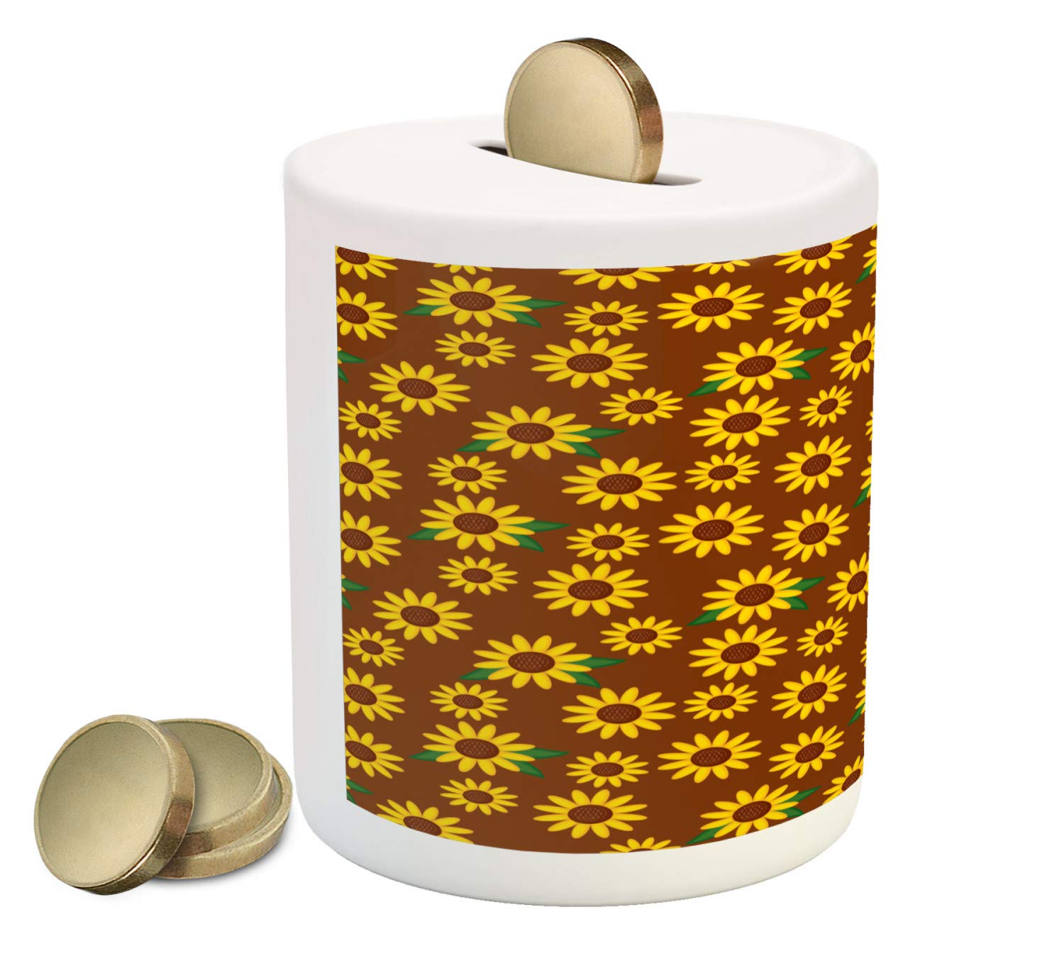 Ambesonne Ceramic Sunflower Piggy Bank - Cartoon Blossom Design with Lively Petals & Green Leaves - Money Saving Coin Bank for Kids & Adults (Brown, Yellow, Green) - Perfect for Home Decor, Gift Giving & Teaching Children Financial Responsibility