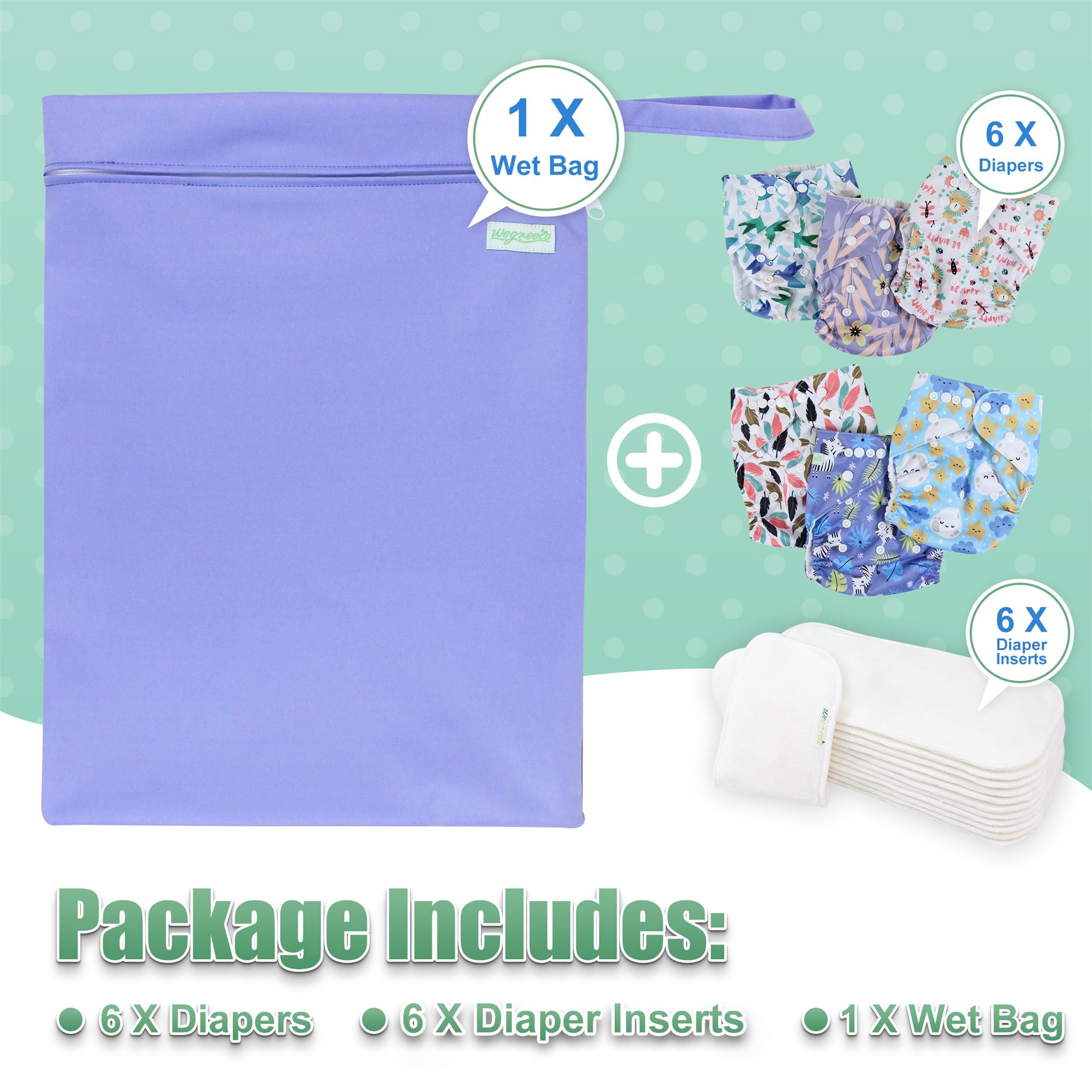 Wegreeco 6-Pack Reusable Cloth Diapers for Babies with 6 Inserts & 1 Wet Bag - Adjustable One Size Washable Eco-Friendly Diapers (Leaves, Animals Print) - Perfect for Daycare, Travel & Eco-Conscious Parenting