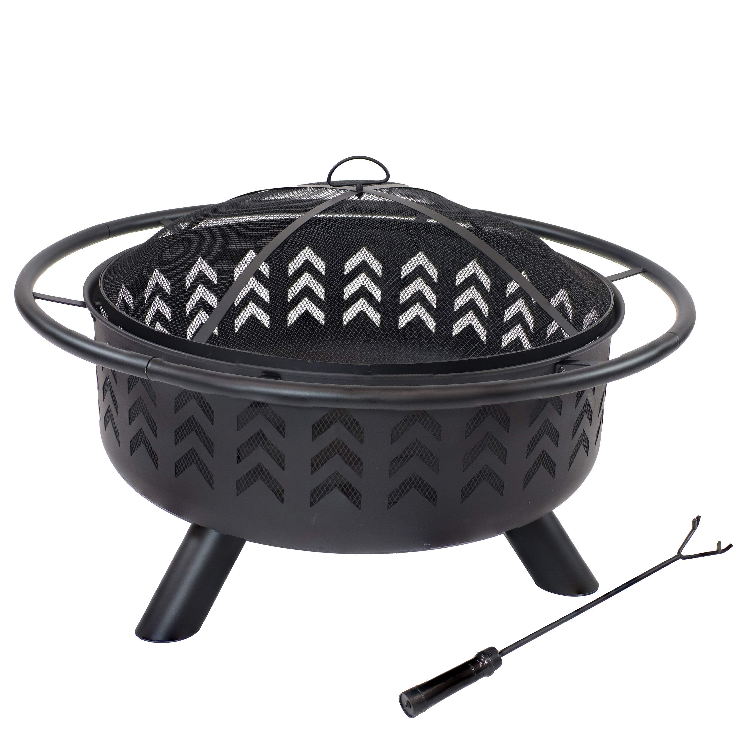 Sunnydaze 36-Inch Arrow Motif Steel Wood Burning Fire Pit with Spark Screen - Outdoor Backyard, Camping, and Patio Fire Pit for Gatherings