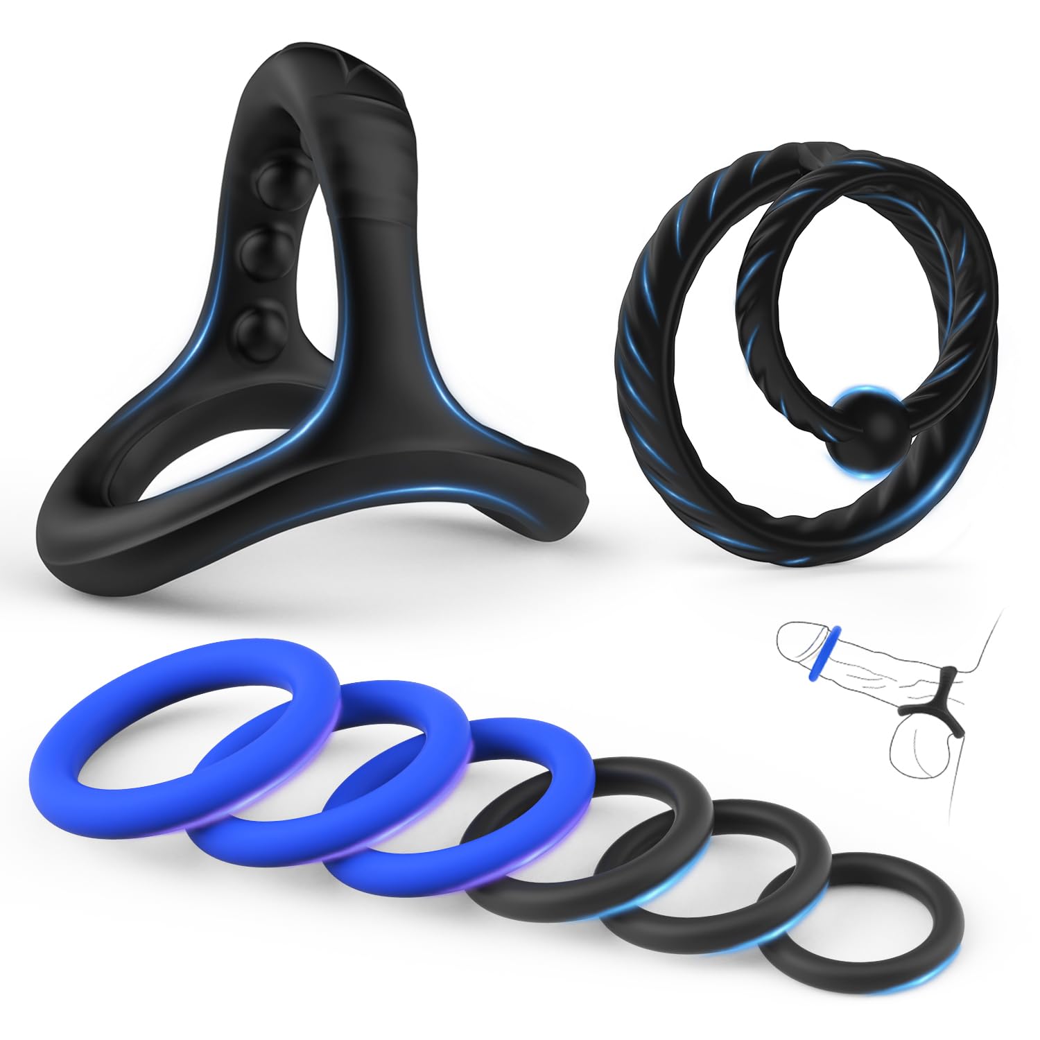 **8-Pack Blue Penis Rings for Men & Couples - Dual Ring Penis Enhancer, Male Performance Sex Toys for Improved Erection & Stamina - Perfect for Couples Play & Solo Pleasure**