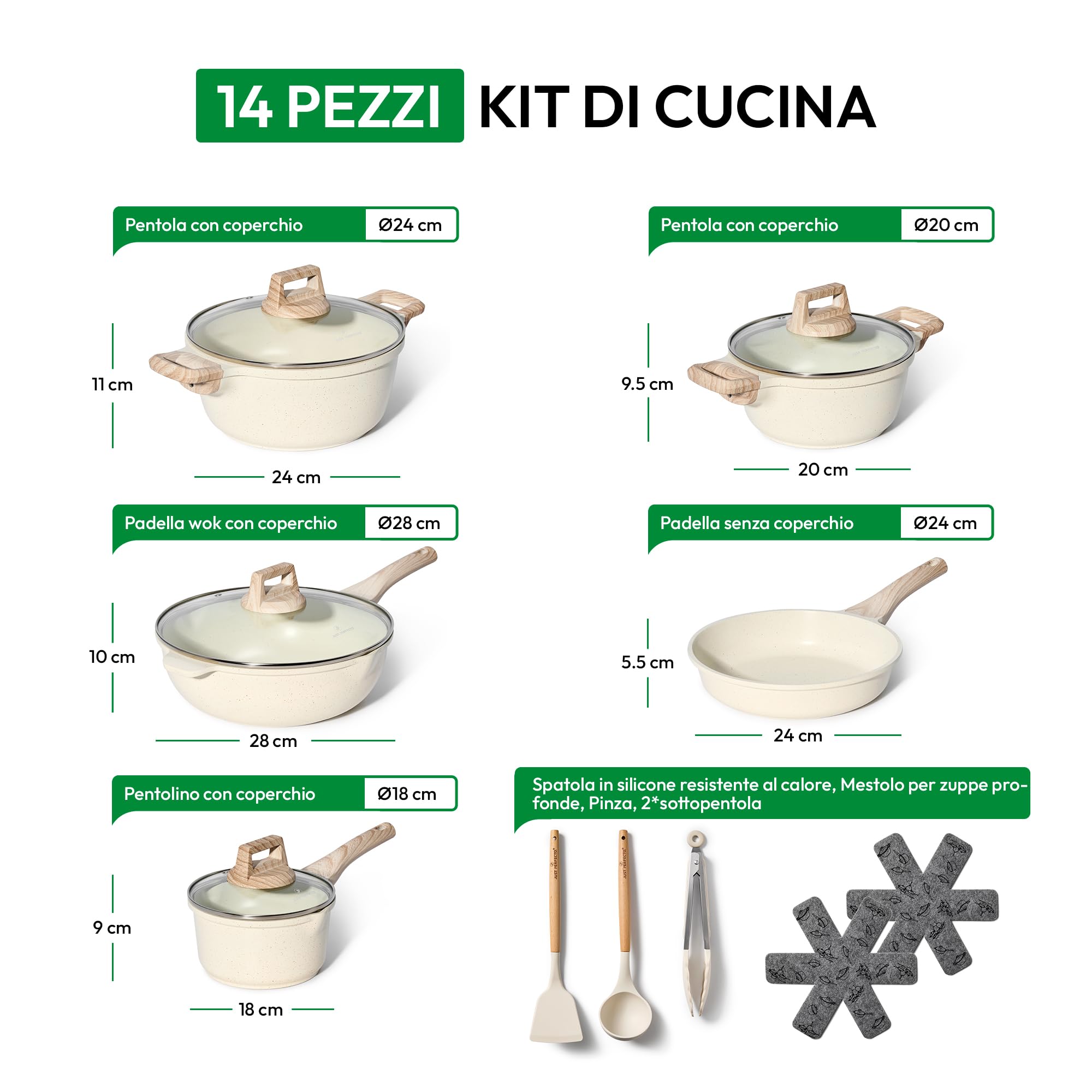 Just Perfecto 11-Piece Nonstick Cookware Set - Induction Compatible Pots and Pans with Removable Handles, Includes Saucepan, Skillet, Wok & Lids, Dishwasher Safe (Beige) - Perfect for Home Cooking, Meal Prep & Professional Chefs