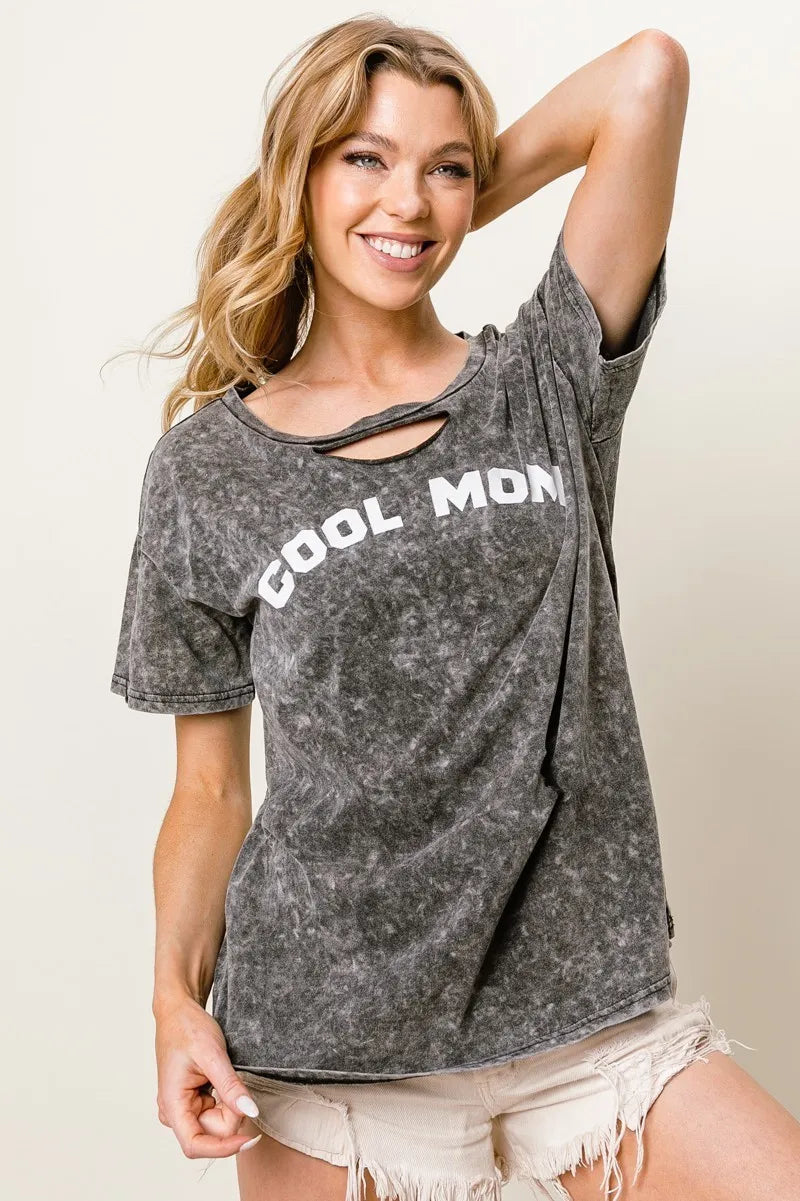 Stylish BiBi Washed Laser Cut Detail Cool Mom Print Top - Trendy Women's Casual T-Shirt for Everyday Wear, Outings & Family Gatherings