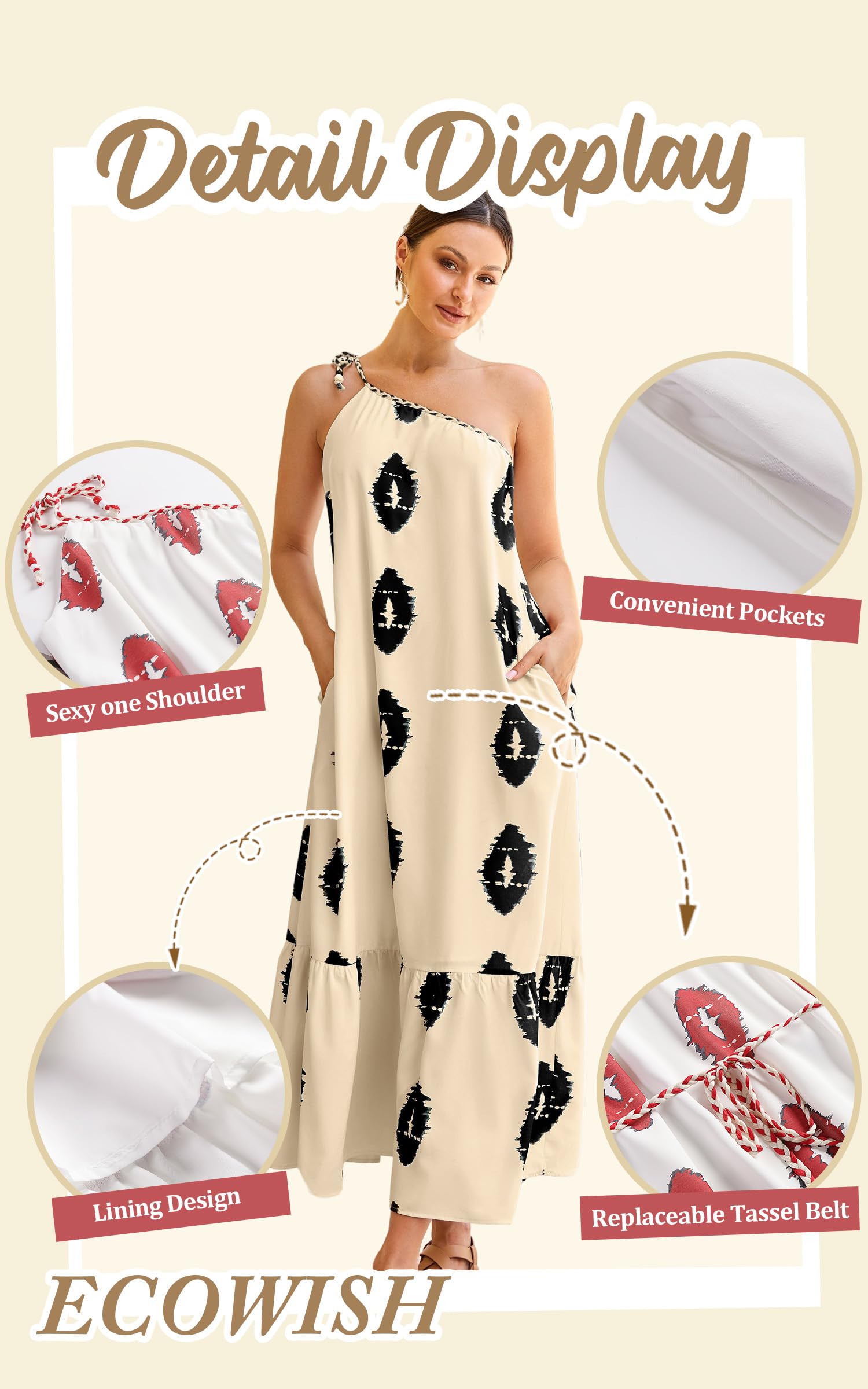 ECOWISH Women's Summer Maxi Dress - One Shoulder Casual Midi Dress with Pockets, Boho Beach Vacation Sundress for Resort & Outdoor Activities | Perfect for Pool Parties, Tropical Getaways and Summer Festivals