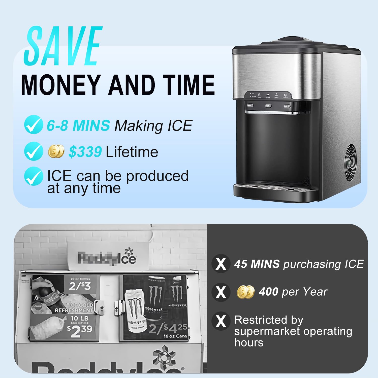 Portable Countertop Ice Maker with Water Dispenser - 3-in-1 Compact Ice Machine Produces 44 lbs Daily, 4 lb Storage - Includes 10ft Water Hose - Perfect for Home, Office, RV & Outdoor Entertaining