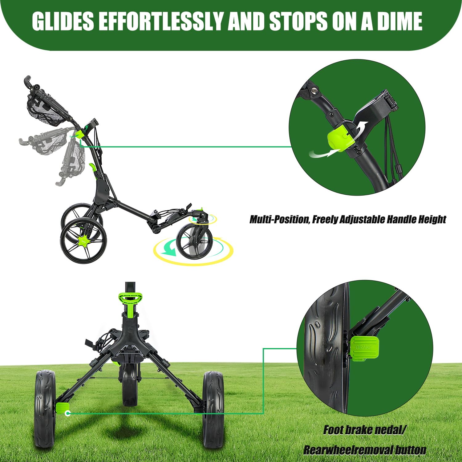 GC03 360° Rotating 3-Wheel Golf Push Cart - Foldable & Lightweight Golf Pull Cart with Umbrella Holder & Premium Storage Bag - Perfect for Golf Course, Driving Range & Outdoor Practice